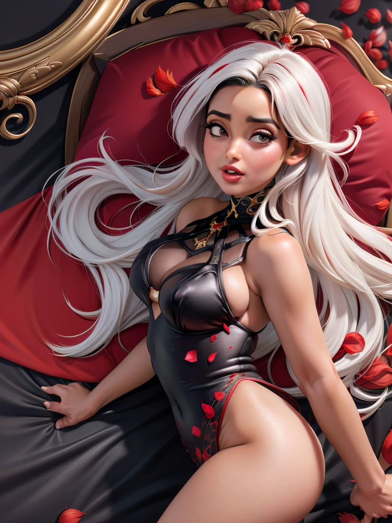 16k, Melhor qualidade, alta qualidade, high resolution, obra de arte, super detalhe, (de cima:1.5), incorporation:E-GM\E-s_mansion_Mona is beautiful (afinar, tonificado, magro:1.3) garota,(Cabelo castanho, cabelo rosa, (penteado com franja:), , (olhando para o espectador:1.2), (pele brilhante, pele oleosa:1.2), ((deitado em uma cama grande:1.2), travesseiros fofos, silk sheets:1.2), usando v4l3nt1n3, red heart lingerie, transparente, decote, Ombros nus, Cinta-Liga, tiras de coxa, gargantilha, (many red petals scattered:1.3), fotografia de moda, Fotografia Glamourosa, estilo hiper-realismo, Hiper maximalista, incorporation:Positivo\epic photo,