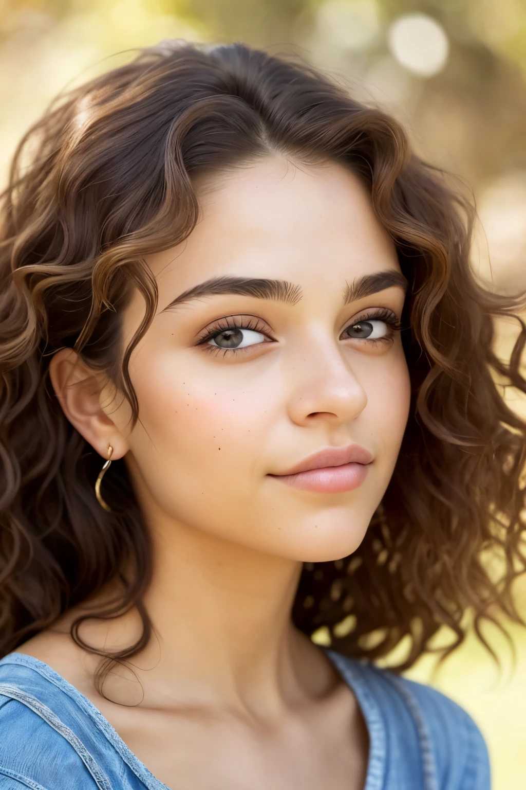 A portrait of a woman, age around 30, with eyes wide open gazing to the right. Her features are rendered in stunning realism, every detail meticulously captured. Her hair is a cascade of soft curls, falling over her shoulders in loose waves. The color is rich and natural, each strand shimmering with its own unique luminosity. Her skin is flawless, with a smooth, even texture that speaks of good health and proper self-care. Her eyes, large and expressive, are a deep brown, the irises filled with intricate patterns that seem to dance with the light as she looks away from the viewer. Her nose is well-defined, the bridge slightly curved