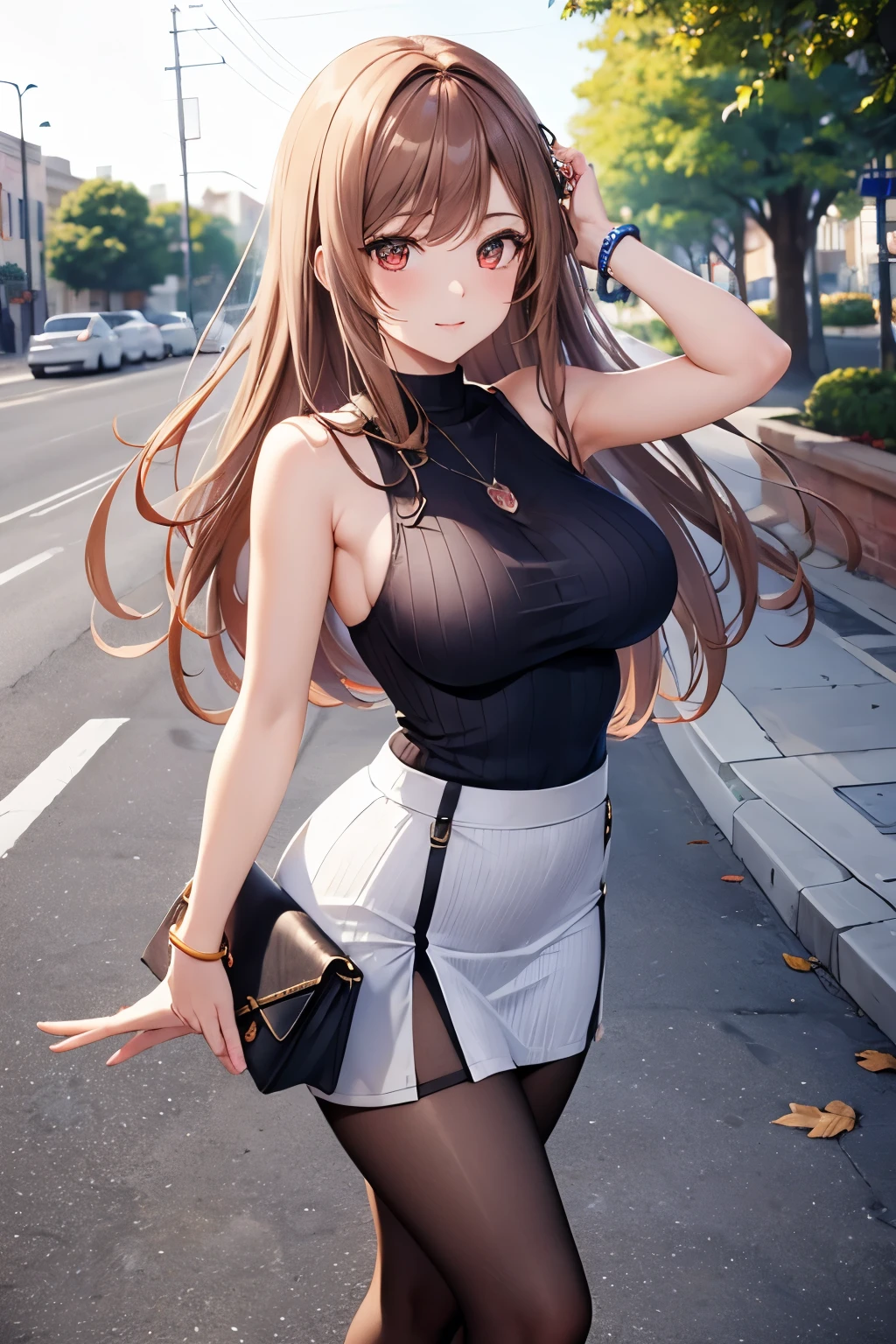 Game , goddess of victory nikke, Rapi , light brown hair,  alluring eyes ,beautiful face , crystal red eyes ,  long hair , women sleeveless tops,armpits, blue colour shirt, solid ribbed knit pencil skirt ,selfie wind, 1 hand bag, cheerful eyes, ,g cup breast, slender waist, bewitching thighs, five fingers each hand, two hand ,two leg , in town, date, standing, beautiful, high heels, daylight, recreation park,