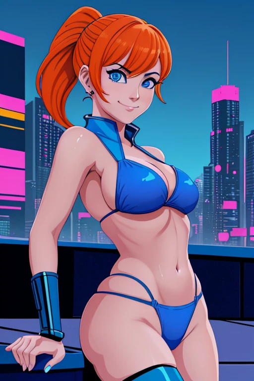 hd masterpiece, anime girl, 1girl ((32year old, dressed in a blue bikini, medium breasts, short orange hair, pony tail styled hair, perfect model body:1.3, detailed blue eyes:1.5, Arrogant Smile on face)), (Background: Swimming pool, on top of a roof top, skyline of a cyberpunk city), dreamy cyberpunk girl, anime cyberpunk art, digital cyberpunk - anime art, cyberpunk anime girl, digital cyberpunk anime art, cyberpunk, cyberpunk anime art, cyberpunk vibe, cyberpunk art style ((solo:1.6))
