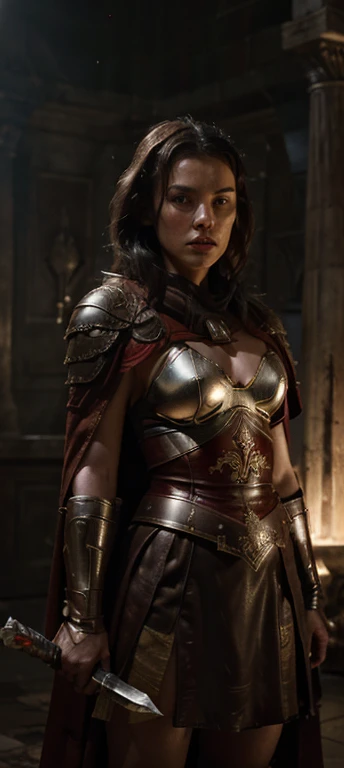 Daisy Ridley, huge chest, wearing Roman general's armor with an imposing red cape, during the Roman empire, on the battlefield, in action, with a bloody sword, studio, sweaty, highly detailed, artwork, professional photo, details extreme, high resolution, HDR, (cinematic lighting:1.2), (((seductive pose))), ultra-detailed,
