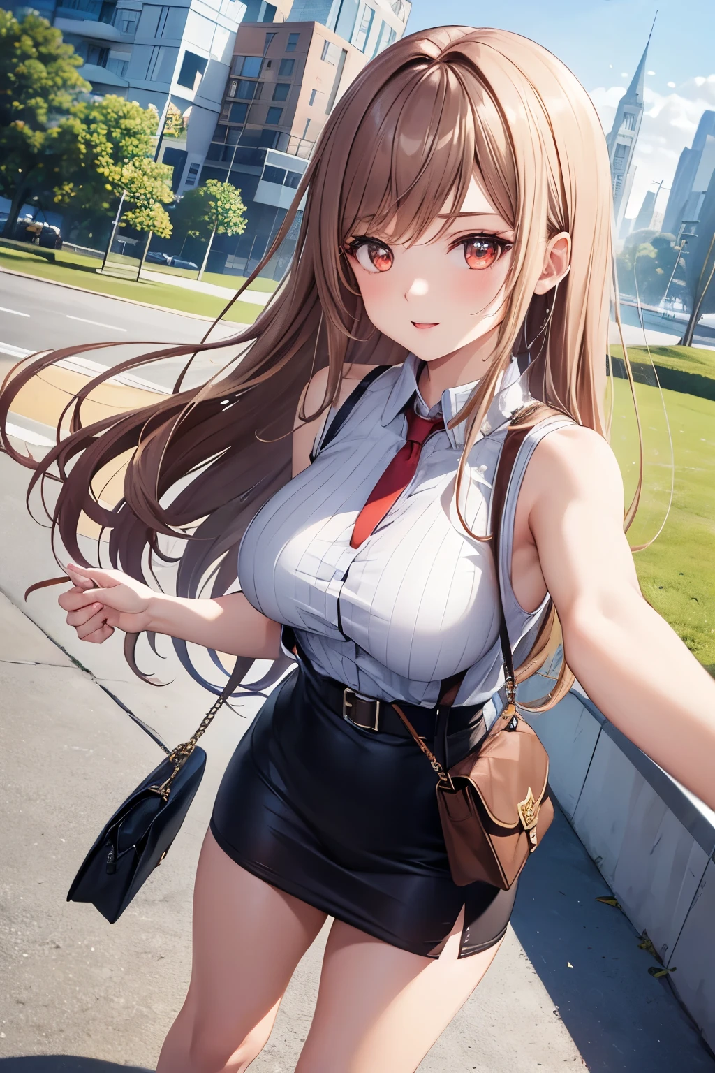 Game , goddess of victory nikke, Rapi , light brown hair,  alluring eyes ,beautiful face , crystal red eyes ,  long hair , women sleeveless tops,armpits, blue colour shirt, grey colour solid ribbed knit pencil skirt ,selfie wind, 1 hand bag, cheerful eyes, ,g cup breast, slender waist, bewitching thighs, five fingers each hand, two hand ,two leg , in town, date, standing, beautiful, high heels, daylight, recreation park,