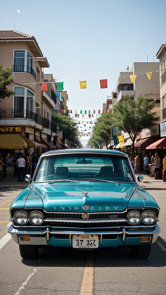 An award-winning color aerial drone photograph of a vibrant single-story retail boulevard lined with classic 1964 Impala cars in the foreground and a traffic light pole with street signs. illuminated by the joyful atmosphere of a party. Inspired by the energetic works of Frida Kahlo and the vibrant colors of Mexican culture, the scene bursts with life, capturing the essence of celebration and nostalgia. The sun-drenched street is lined with rows of impeccably restored Impalas, their shiny exteriors reflecting the surrounding festivities. The air is filled with the sounds of laughter, music and warm, golden light, casting a nostalgic glow on the scene, as if frozen in a timeless moment of joy and unity. The composition is carefully framed, emphasizing the Impalas' elegant lines and curves, while also capturing the lively interactions between the silhouetted people. The photograph was taken with a 50mm lens, allowing for a natural perspective and depth of field, highlighting the details of the cars. The colors are rich and saturated, with a touch of Kodachrome-inspired warmth, which enhances the nostalgic atmosphere. The image is captured in 4K UHD resolution, ensuring every detail is sharp and vivid, immersing the viewer in the lively party atmosphere. --q 2 --s 700 --