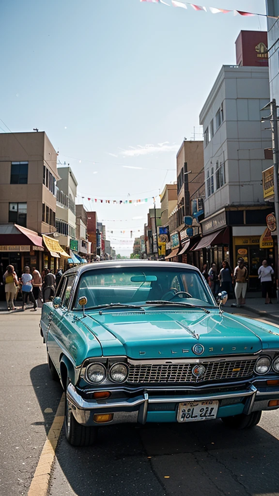 An award-winning color aerial drone photograph of a vibrant single-story retail boulevard lined with classic 1964 Impala cars in the foreground and a traffic light pole with street signs. illuminated by the joyful atmosphere of a party. Inspired by the energetic works of Frida Kahlo and the vibrant colors of Mexican culture, the scene bursts with life, capturing the essence of celebration and nostalgia. The sun-drenched street is lined with rows of impeccably restored Impalas, their shiny exteriors reflecting the surrounding festivities. The air is filled with the sounds of laughter, music and warm, golden light, casting a nostalgic glow on the scene, as if frozen in a timeless moment of joy and unity. The composition is carefully framed, emphasizing the Impalas' elegant lines and curves, while also capturing the lively interactions between the silhouetted people. The photograph was taken with a 50mm lens, allowing for a natural perspective and depth of field, highlighting the details of the cars. The colors are rich and saturated, with a touch of Kodachrome-inspired warmth, which enhances the nostalgic atmosphere. The image is captured in 4K UHD resolution, ensuring every detail is sharp and vivid, immersing the viewer in the lively party atmosphere. --q 2 --s 700 --