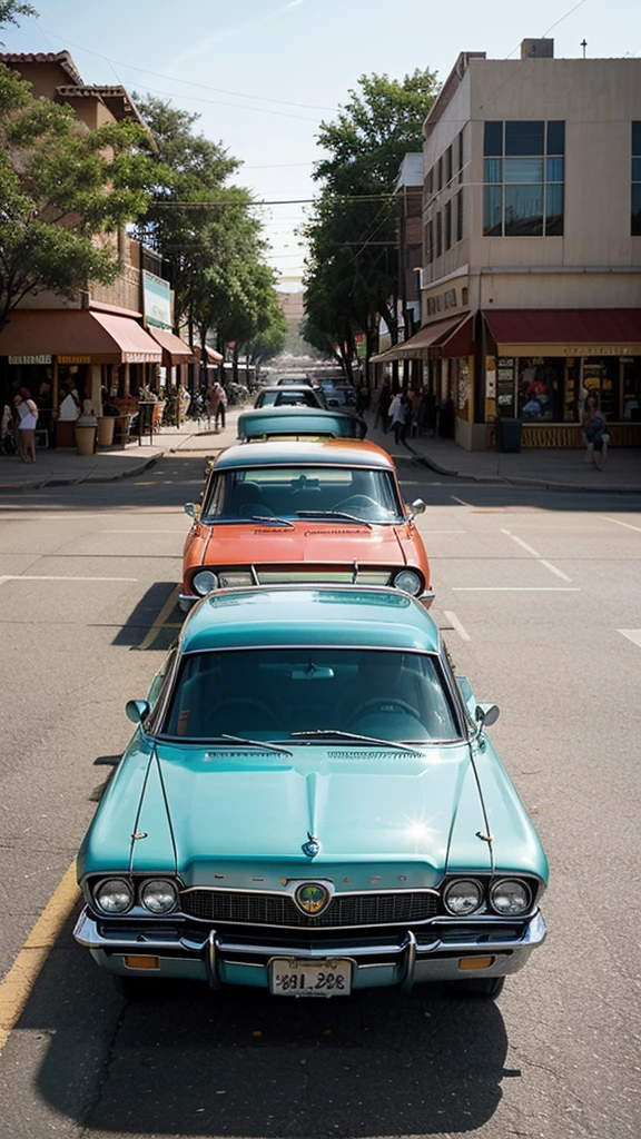 An award-winning color aerial drone photograph of a vibrant single-story retail boulevard lined with classic 1964 Impala cars in the foreground and a traffic light pole with street signs. illuminated by the joyful atmosphere of a party. Inspired by the energetic works of Frida Kahlo and the vibrant colors of Mexican culture, the scene bursts with life, capturing the essence of celebration and nostalgia. The sun-drenched street is lined with rows of impeccably restored Impalas, their shiny exteriors reflecting the surrounding festivities. The air is filled with the sounds of laughter, music and warm, golden light, casting a nostalgic glow on the scene, as if frozen in a timeless moment of joy and unity. The composition is carefully framed, emphasizing the Impalas' elegant lines and curves, while also capturing the lively interactions between the silhouetted people. The photograph was taken with a 50mm lens, allowing for a natural perspective and depth of field, highlighting the details of the cars. The colors are rich and saturated, with a touch of Kodachrome-inspired warmth, which enhances the nostalgic atmosphere. The image is captured in 4K UHD resolution, ensuring every detail is sharp and vivid, immersing the viewer in the lively party atmosphere. --q 2 --s 700 --