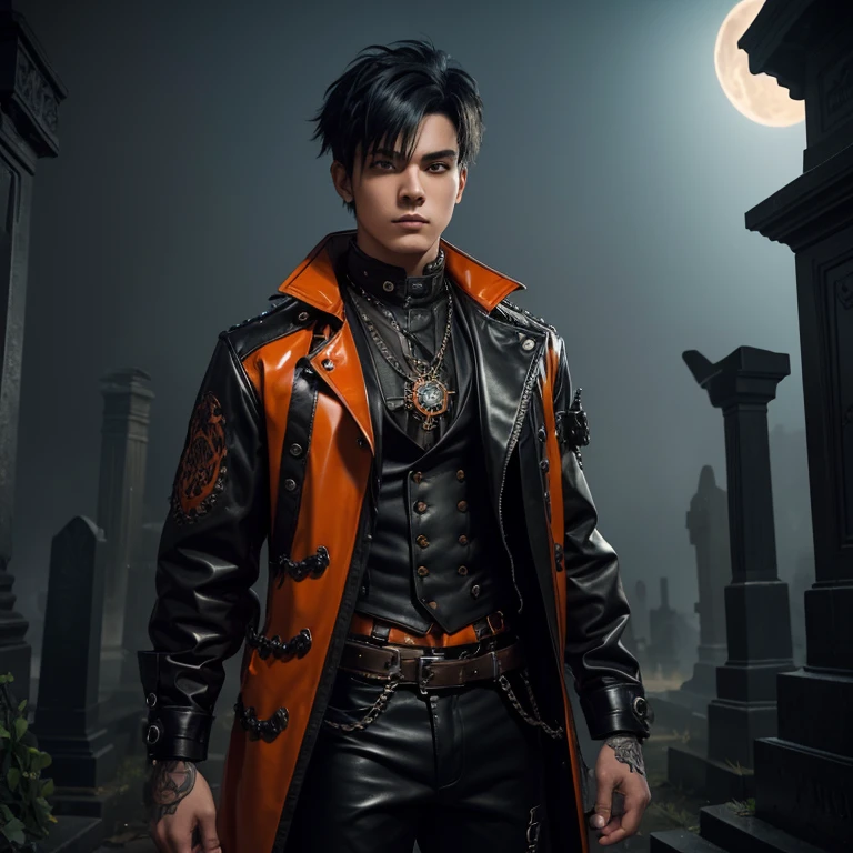 20-year-old boy Steampunk gothic clothing black and orange wolf tattoo muscular build orange jacket black latex pants black hair orange bangs looking in front of the viewer background of cemetery at night with fog 