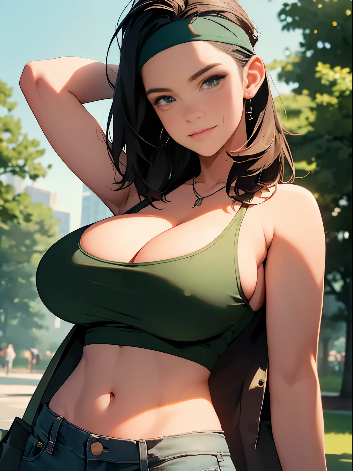 (masterpiece, top quality, best quality, official art, beautiful and aesthetic:1.2), (1girl:1.3), (gorgeous face), light freckles, fair skin, brown hair, extremely detailed, portrait, looking at viewer, solo, (full body:0.6), detailed background, close up, (airy modern theme:1.1), extremely busty photographer girl, ponytail, big lips, charlatan, smiling, mysterious, walking in the park, dark green jacket, green tank top, jeans, do-rag, headband, bandana, bracelets, necklace, trees, modern city park, pond, paths, well-lit, thin and toned physique, ((((gigantic breasts, cleavage, skindentation)))), slim waist, slim hips, long legs, modern (park exterior:1.1) background, dark mysterious lighting, shadows, magical atmosphere, dutch angle,