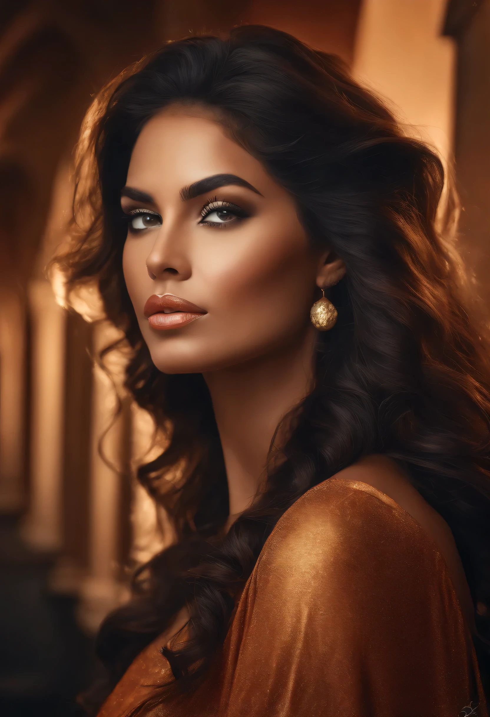 A stunning masterpiece of an intimate and bold art piece featuring a voluptuous feline-inspired woman with a aura poderosa, exuding confidence and sensualidade. The woman commands attention with her Olhos penetrantes, delicious lips, e elegante, cabelo solto. Her olhos vibrantes e cativantes are beautifully detailed and draw you in, while her perfectly shaped lips add a touch of allure. 

The artwork is created using a mix of traditional oil painting techniques and modern digital illustrations, resultando em um retrato visualmente impressionante. The use of high resolution, Imagens com qualidade 4k ensures that every minute detail is captured, making the artwork feel ultra-detalhado and realista. The color palette is vibrant, with a blend of tons quentes e frios to create a visually captivating effect.

The lighting of the work of art accentuates the woman&#39;s features, casting dramatic shadows and highlights on your face, enhancing its natural beauty and creating a sense of depth. Carefully chosen lighting technique adds a touch of mystique and drama to the overall composition.

The artwork showcases the beauty of the female form in all its glory, celebrando e fortalecendo a energia feminina. The woman is portrayed with confidence, strength, and sensualidade, challenging social norms and embracing your own unique power.

This portrait combines elements of classical portrait painting with a contemporary twist., resulting in a unique artistic statement. Com elementos de realismo e fantasia misturados perfeitamente, This work of art captures the essence of the feminine spirit and invites viewers to appreciate and celebrate the beauty of diversity and self-expression.

TAG: mulher voluptuosa, feline-inspired, aura poderosa, confiante, sensualidade, Olhos penetrantes, delicious lips, cabelo solto, olhos vibrantes e cativantes, recursos detalhados, oil painting techniques, digital illustrations, high resolution, Imagens com qualidade 4k, ultra-detalhado, realista, Paleta de cores vibrantes, tons quentes e frios, drama league