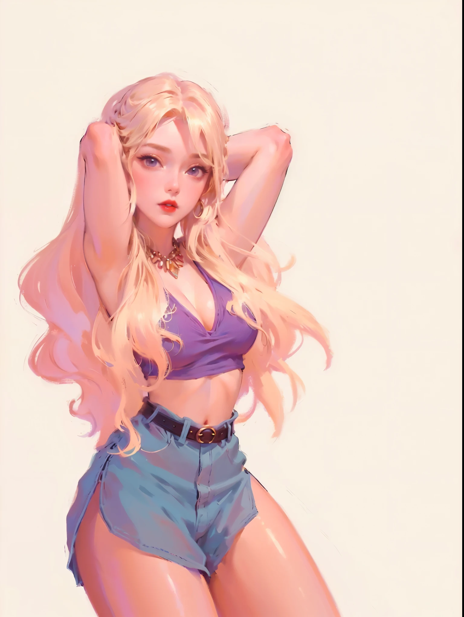 1girl, solo, beautiful detailed eyes, beautifully detailed lips, pale skin, delicate features, porcelain-like complexion, elegant pose, graceful posture, ethereal beauty, light and airy atmosphere, soft and subtle lighting, floating in the breeze, delicate, fine brushstrokes, realistic rendering, vibrant colors, dreamlike ambiance, soft painting style, a sense of tranquility, a masterpiece capturing the essence of purity and grace, gorgeous breasts, cleavage, NSFW, sexy, ((aesthetic blurry background)), (Style by NTY), long hair, looking at the viewer, blush, blonde hair, simple background, white background, navel, cleavage, jewelry, big breasts, green eyes, cowboy shot, shorts, midriff, belt, armpits, necklace, arms up, crop top, colored skin, wavy hair, tank top, lipstick, arms behind head, transparent loose shorts, black belt, red lips, red skin, pink skin, hands in hair, curvy, sexy