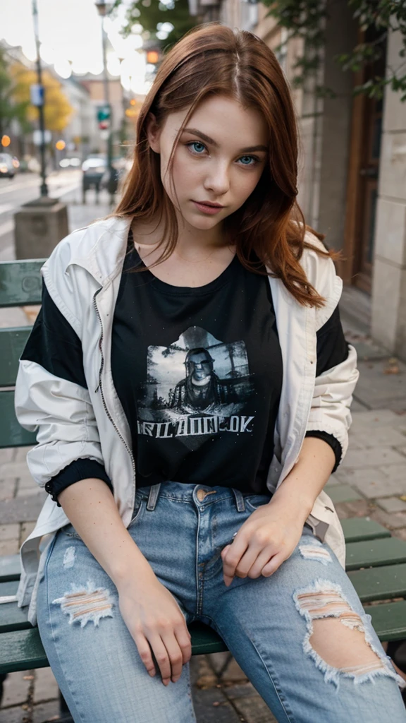 Close up of a young Russian woman, redhead with green eyes, wearing a black shirt, white jacket, jeans ripped at the knee, sitting on a bench in a square