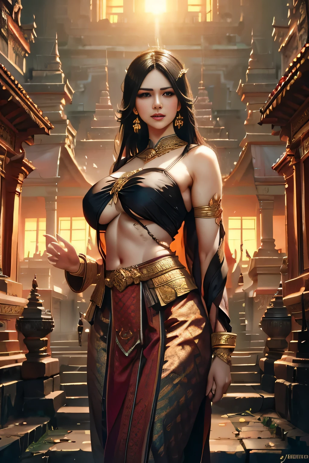 beautiful girl ,Thailand Female Warior, walking at thai temple, dynamic poses, chut thai dress, long hair,black eyes,abdominal muscles, plumpy body, rounded breast, (big breast:1.3), cleavage, Morning sunshine, Eyes on the audience, (sexy poses), ((face details)), Double eyelids, reeds, realistic, masterpiece, highest quality, lens flare, shade, old temple, temple, [[chromatic aberration]], by Jeremy Lipking, by Antonio J. Manzanedo, digital painting, HDR, high contrast
