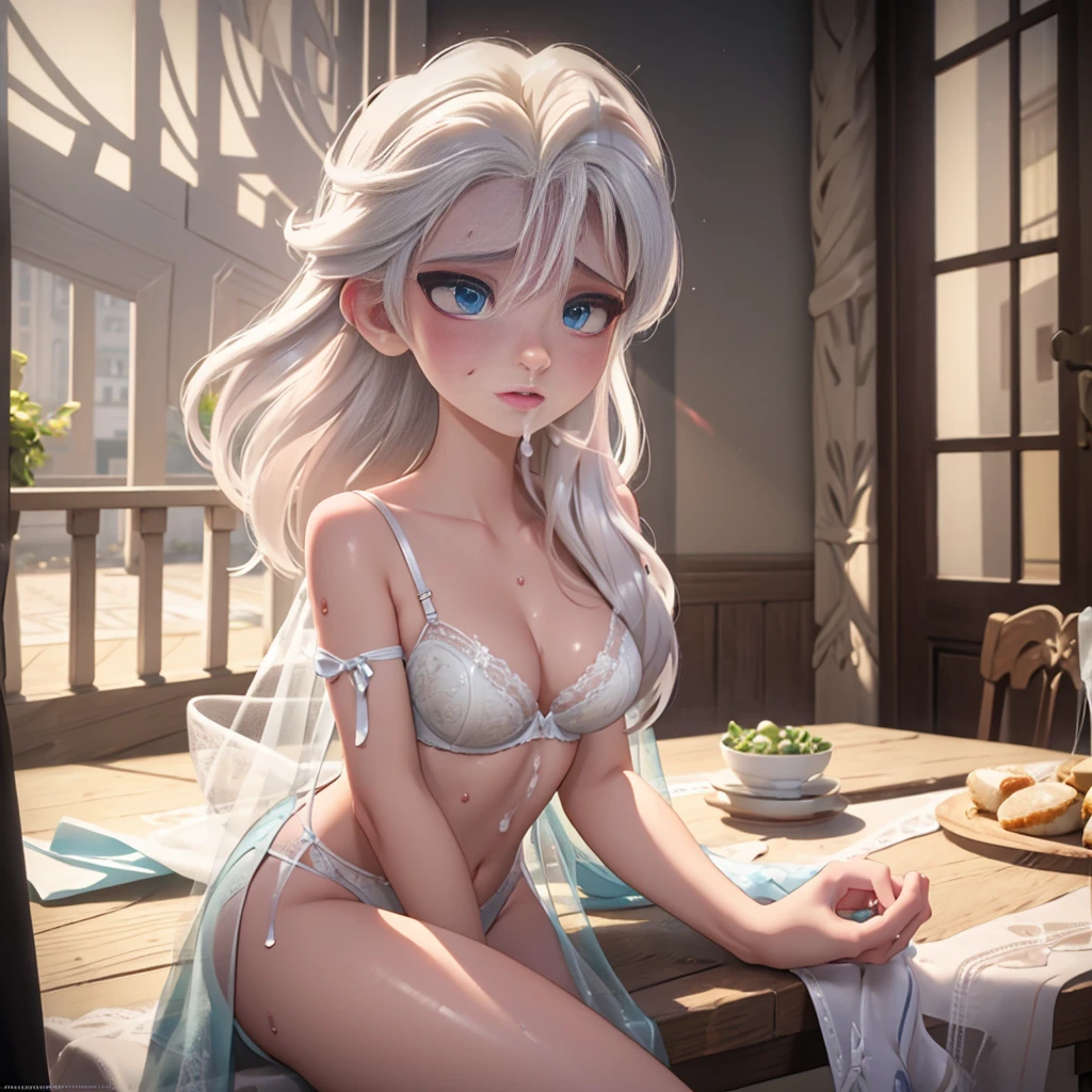 dessus de la table:1.4), (best quality:1.4), (high resolution:1.4),Elsa d'Arendelle, soutien-gorge blanc, sous-vêtements blancs, , cum on body, surrounded by man, best qualityy, Ultra-detailed, Realistic:1.37, professionnel, Des couleurs vives, portraits, couleurs pastel douces, soft lighting BREAK ((wearing lingerie sexy)),wet body,penis-dildo BREAK excessive cum,vomcum