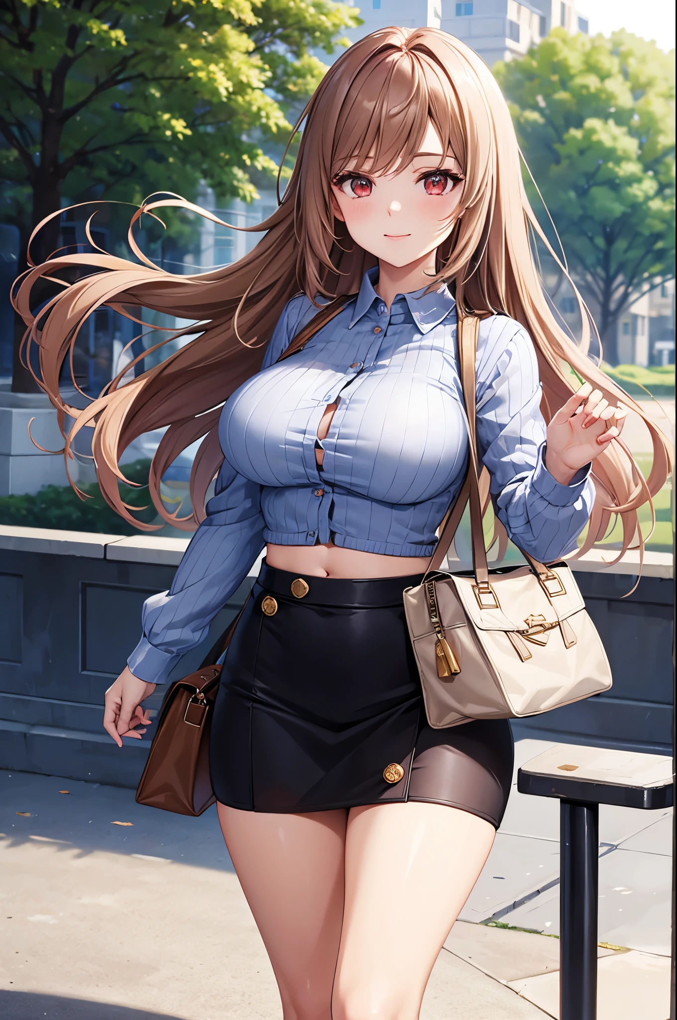 Game , goddess of victory nikke, Rapi , light brown hair,  alluring eyes ,beautiful face , crystal red eyes ,  long hair , women long sleeve crop top, undone button shirt, blue colour shirt, grey colour solid ribbed knit pencil skirt ,selfie wind, 1 hand bag, cheerful eyes, ,g cup breast, slender waist, bewitching thighs, five fingers each hand, two hand ,two leg , in town, date, standing, beautiful, high heels, daylight, recreation park,