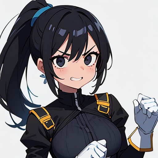 Women,black hair,Ponytail Hairstyle,black eyes, breasts,blue underwear, white gloves, Grimacing,,