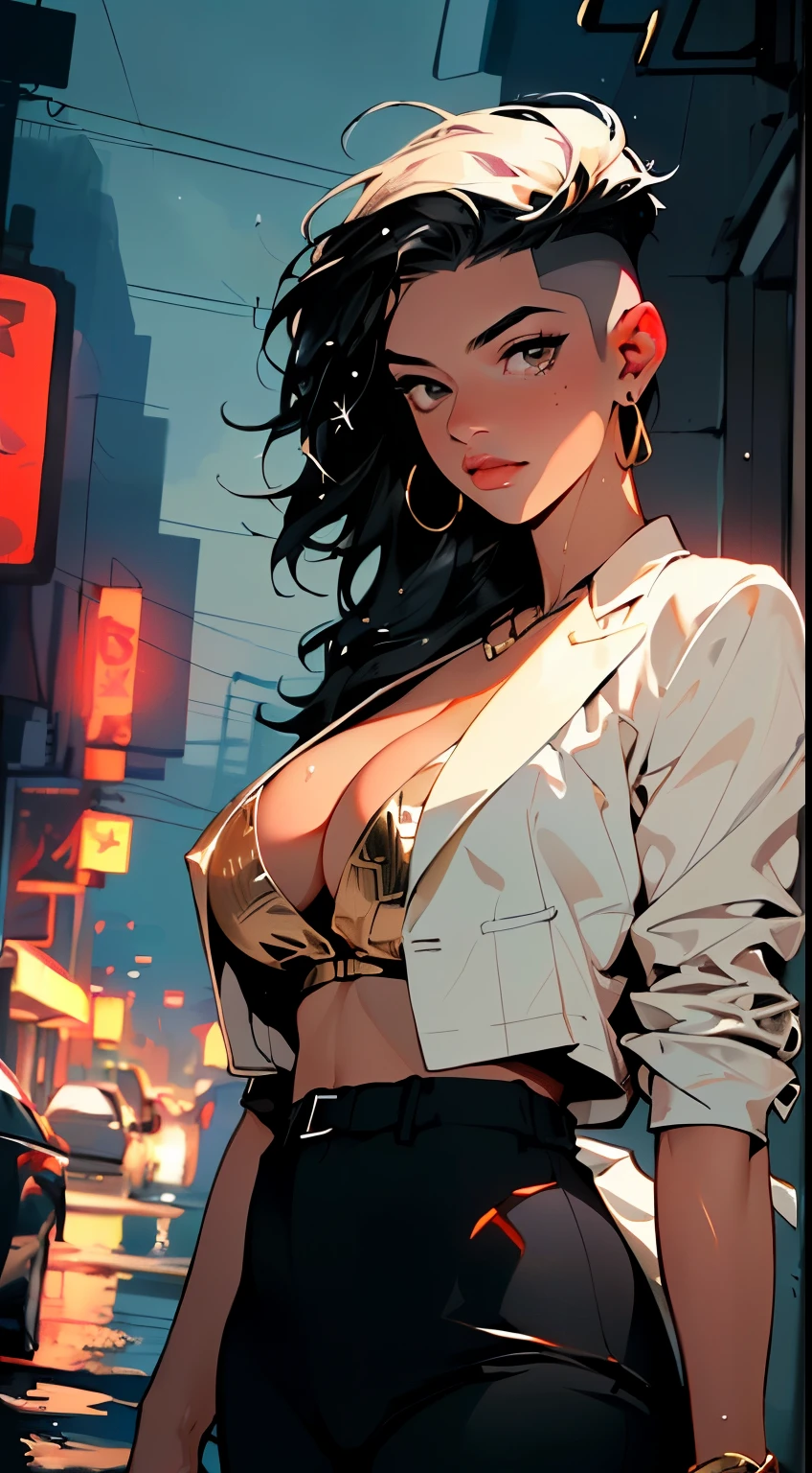 girl,((((black race)))),((beautiful girl)),

(large breasts:1.4),saggy breasts,(((black hair:1.4,hi-top fade Haircut:1.4,hi-top fade:1.3,Mohawk))),(((golden_eyes:1.3))),intricate eyes,beautiful detailed eyes,symmetrical eyes,((fat)),(((an,dark skin,black skin:1.35,dark-skinned_female,dark skin:1.3,ebony skin,lustrous skin:1.5,bright skin: 1.5,shiny skin,very shiny skin,shiny body,illuminated skin,wet legs))),(spider lower abdomen,narrow waist,wide hip,imbo body,inflated legs,detailed body,(detailed face)), EnvyBetterHands LoCon

cute,slutty,seductive,erotic,(((nsfw))),evil woman, villain, ambitious look,

(((golden formal blazer,black formal pants,))),(((huge cleavage,deep neckline,cleavage))),((wet clothes,intricate outfit,intricate clothes)),

(dynamic pose:1.0),solo focus,((smug)),(centered,scale to fit dimensions,Rule of thirds),

cyberpunk city by the ocean at night, with bright neon signs and dark stormy clouds and puddles, scenery:1.25,

highres, sharp focus, (ultra detailed, extremely detailed), (photorealistic artwork:1.37),(extremely detailed CG unity 8k wallpaper),((synthwave background theme)),(((vibrant colors))),(intricate background),(masterpiece),(best quality),