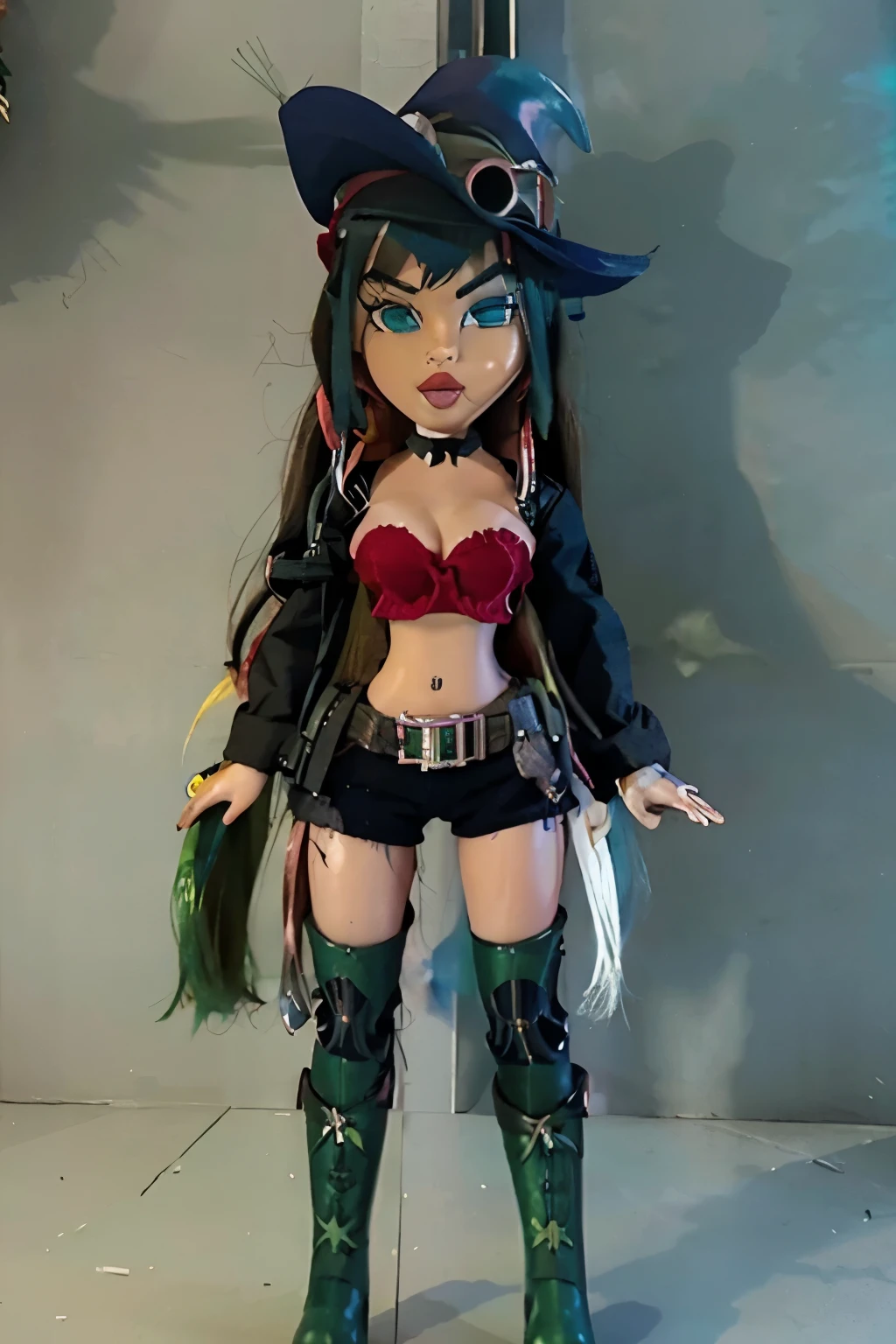 Bratz girl with detailed eyes and big lips, full body , plastic skin , doll joints, masterpiece, top quality, best quality, beautiful and aesthetic:1.2), doll, revealing clothes, big head, 1girl, solo, breasts, curvy, wide hips, narrow waist, joints, doll joints, cleavage, bursting breasts, huge breasts, lips, 1girl, midriff, full body, high heels, thighhighs,  1girl, solo, bow, red bow, blue hair, hair bow, long hair, green eyes, luna nova , ponytail, gloves, closed mouth, hat, witch hat, shirt, long sleeves, brown gloves, goggles on head, green eyes, bangs, belt, boots, shortstack, full body,