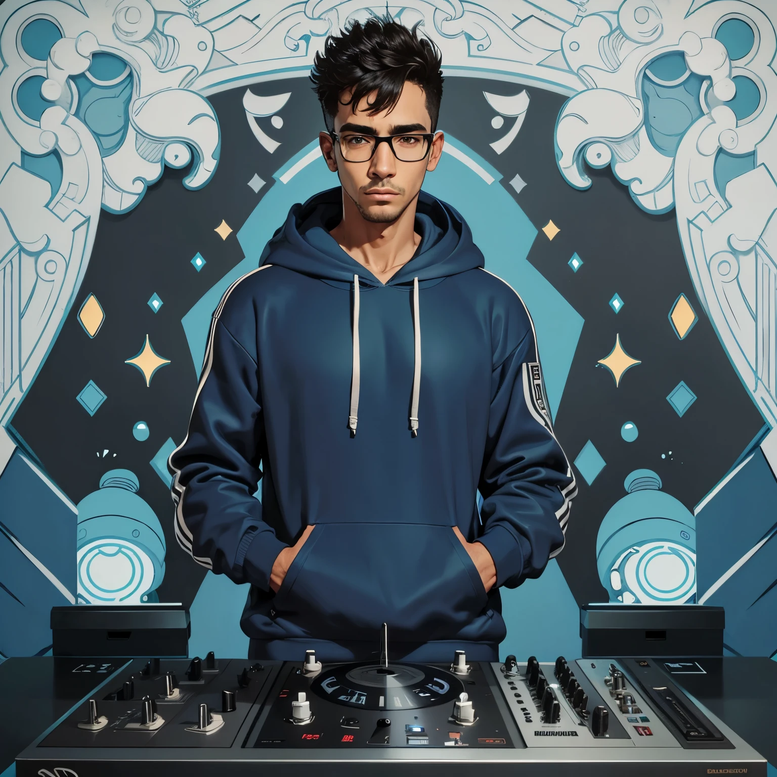 A male DJ with a big nose wearing a blue hoodie, black glasses, standing in front of turntables