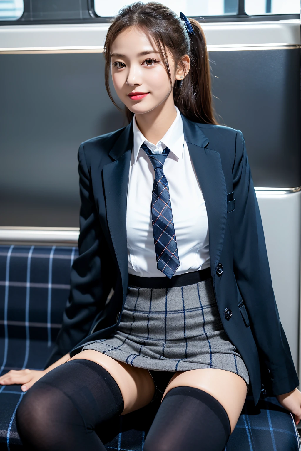 (8K), (highest quality: 1.2), (realistic), (realistic: 1.37), ultra high resolution, (1 girl), cute, smile, closed mouth, beautiful details, beautiful nose,beautiful hair,ponytail,thighs,university uniform,(A simple dark blue satin blazer),(Satin White Blouse),A bow tie,(pleated skirt),(The pattern of the skirt and tie is a dark blue tartan check pattern..:1.3),(The plaid pattern on the skirt is flashy:1.2),(opaque black thigh high socks:1.4) ,thighsにクローズアップ,sit on a train in Tokyo,