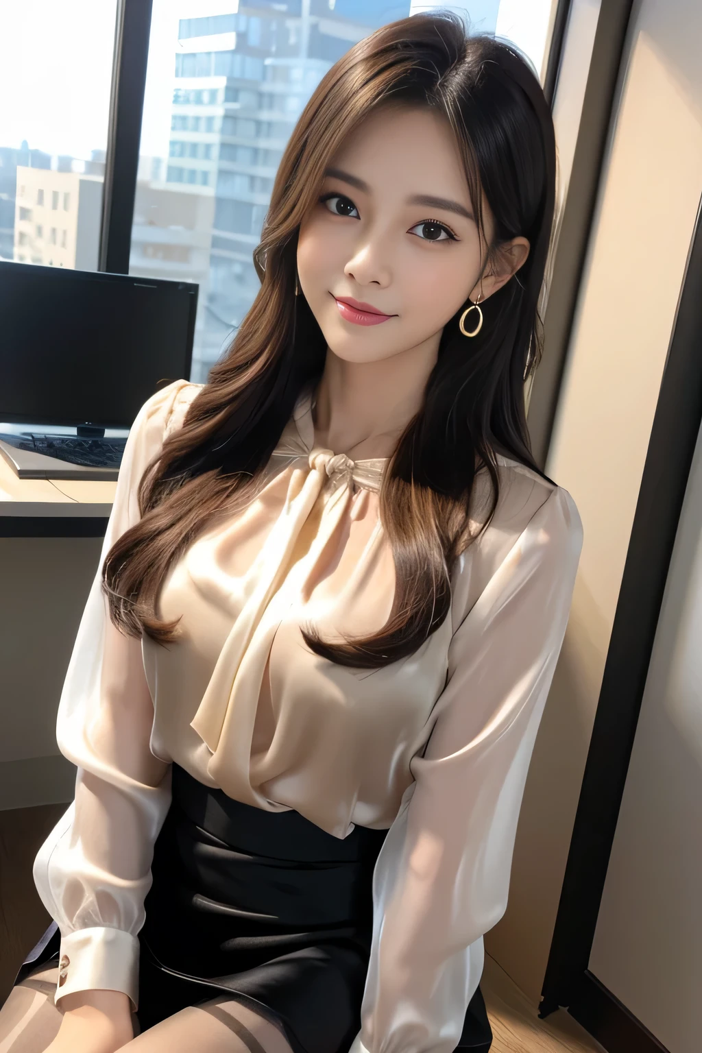 Ulchan-6500-v1.1, (Raw photo:1.2), (Photoreal), (See-through:1.3), (genuine:1.4), 1with a girl、25 years old、game_nffsw, big eyes(eye), smile of shame、brown semi-long hair、curly hair、pretty girl、(Elegant silk blouse:1.3), (super realistic pantyhose:1.2), (mini skirt:1.2), sitting in the office and working at the desk、realistic skin texture、shiny skin、big earrings、thin lips