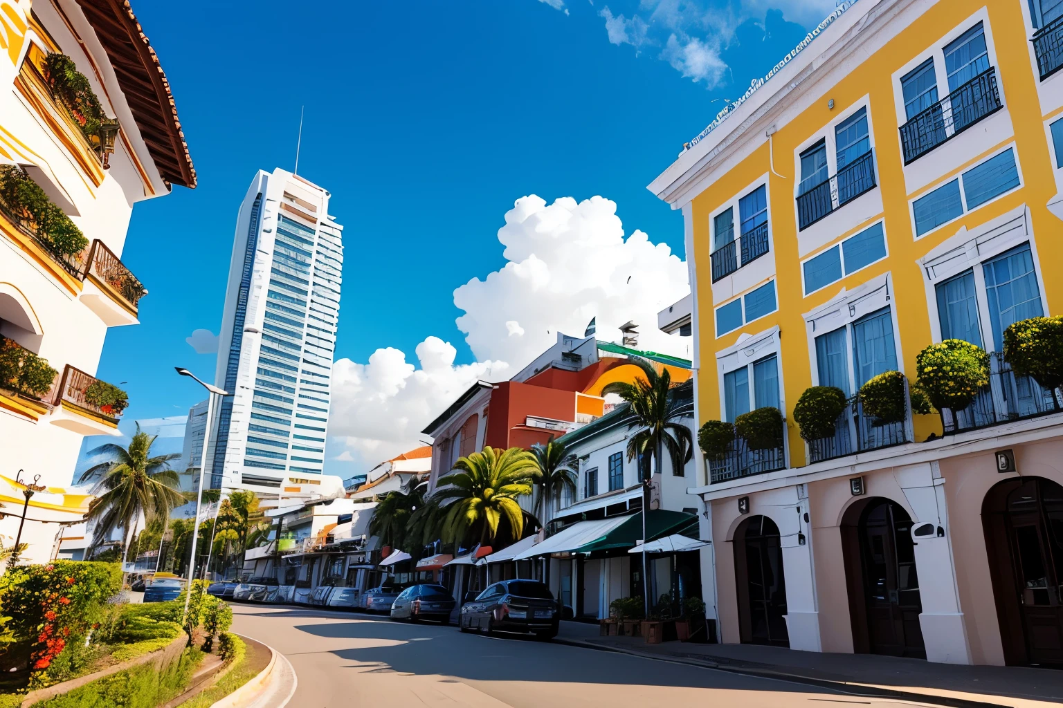 Pousada restaurante,cidade do Recife, Pitoresco,imponente,The exterior of the whole building,madeira,skyscrapers,imponente,Localizado em um movimentado centro da cidade,Individual building,with blue sky and white clouds