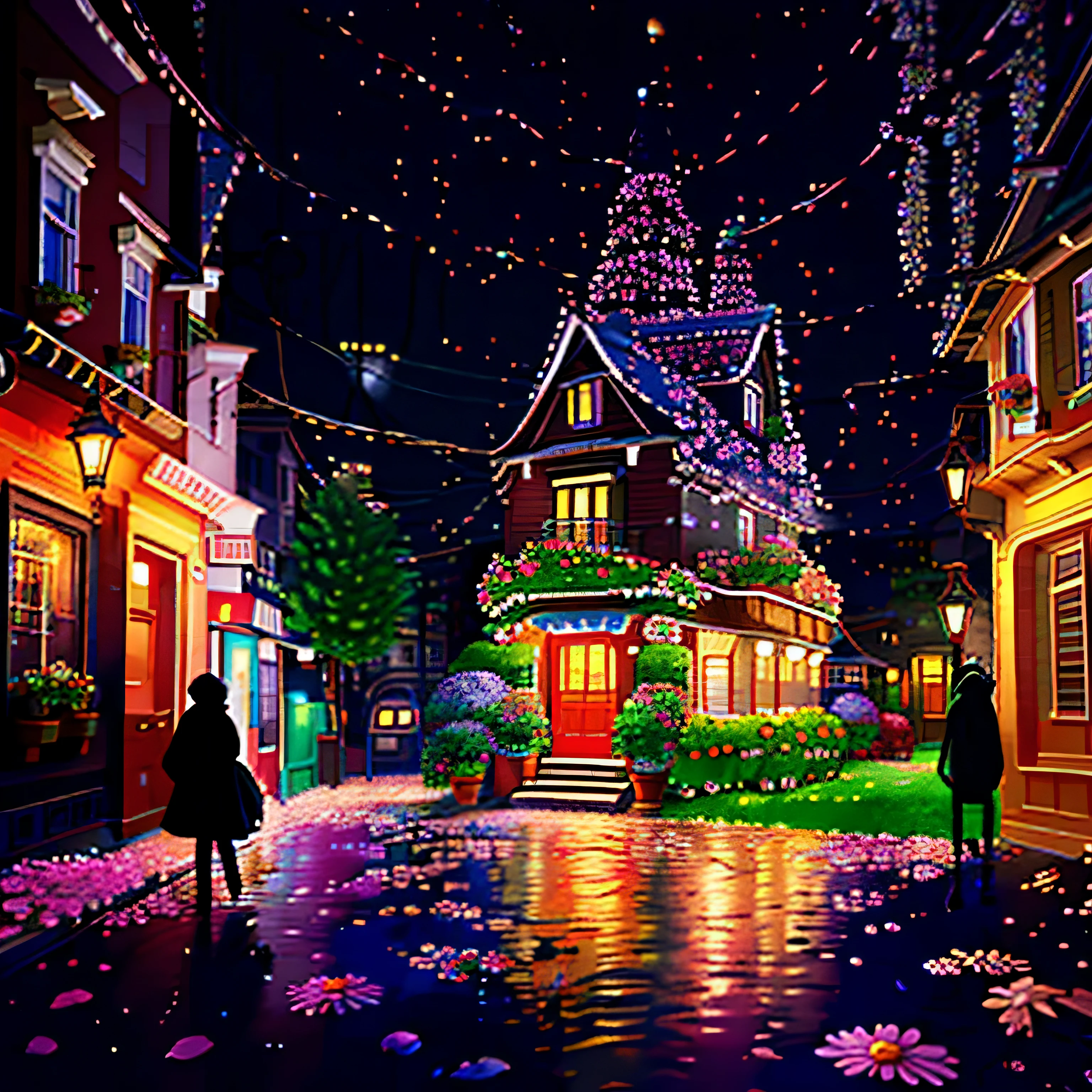 Painting of a woman walking down a street at night - SeaArt AI