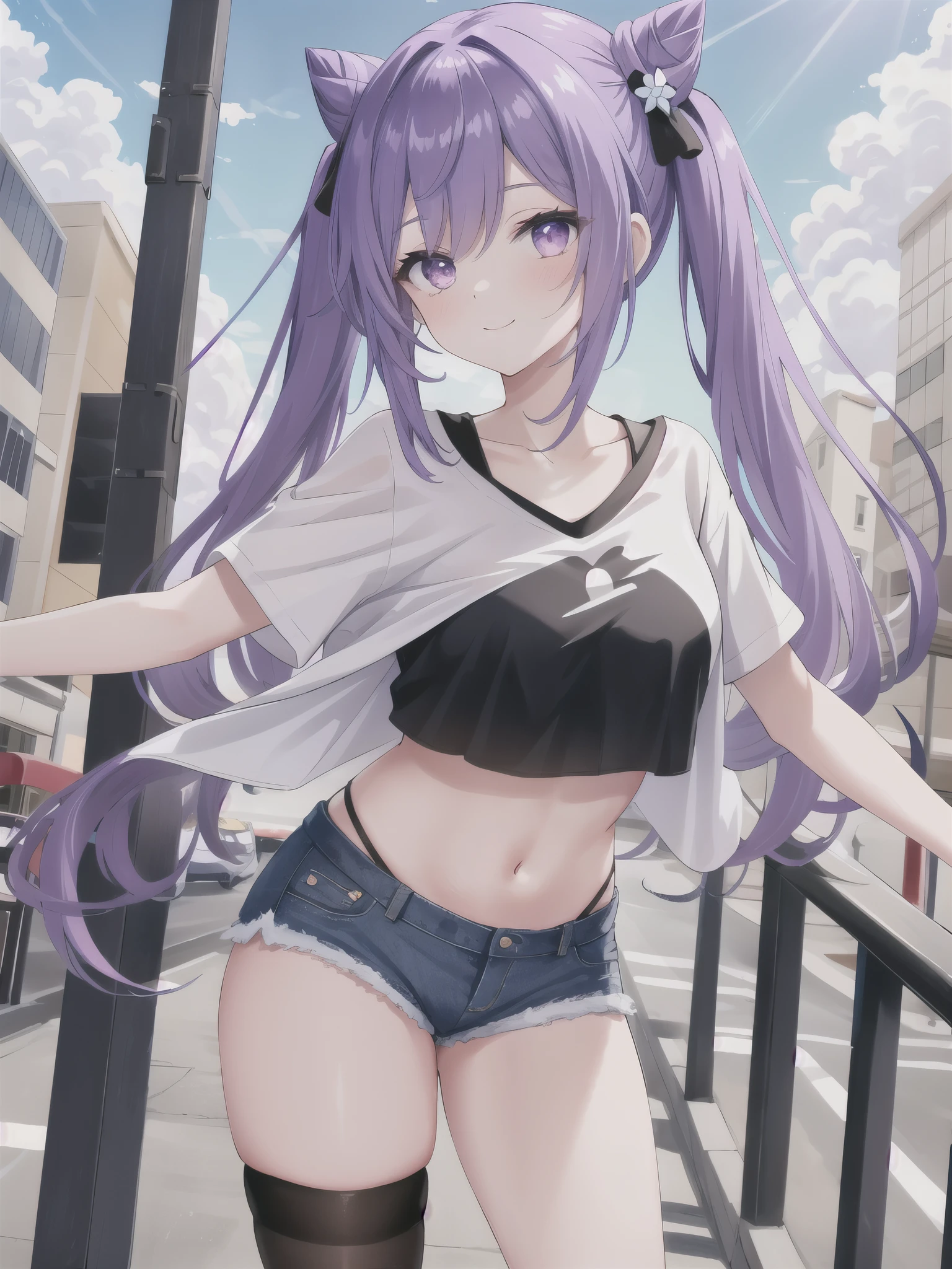 (masterpiece, best quality, ultra-detailed), keqing \(genshin impact\), (purple hair), cone hair bun, twin tails, long hair, swept bangs, braid, braided bangs, purple eyes, pink eyes,
(wearing a t-shirt:1.2), standing, embracing the natural beauty, sunlight, beautiful cloudy sky, city, street, denim shorts, black stocking,
, thick thighs, critical angle, cowboy shot,  pose, light smile, crop top, strong and  expressions,,