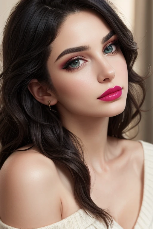 (masterpiece, high quality, best quality:1.3), extremely detailed, realistic, oversized off shoulder minimalist sweater, (hyperrealistic:1.2), fine texture, Extremely high-resolution details, (beautiful:1.2), (white skin), young 25 years old, green eyes, (monolid eyes, arched eyebrows, eyelash, eye contour, eyeshadow:1.2), (thin lips, pink lipstick), (makeup), 157cm tall, (wavy hair), (long hair, black hair:1.4), (everything Detailed),damp, cleavage ,upper waist pose, sexy body, (perfect face, perfect eyes, perfect lips, perfect hair), (Closed mouth:1.5), (detailed lips, detailed eyes, detailed hair, detailed face), natural lighting, full body waist up pose , various shot angle