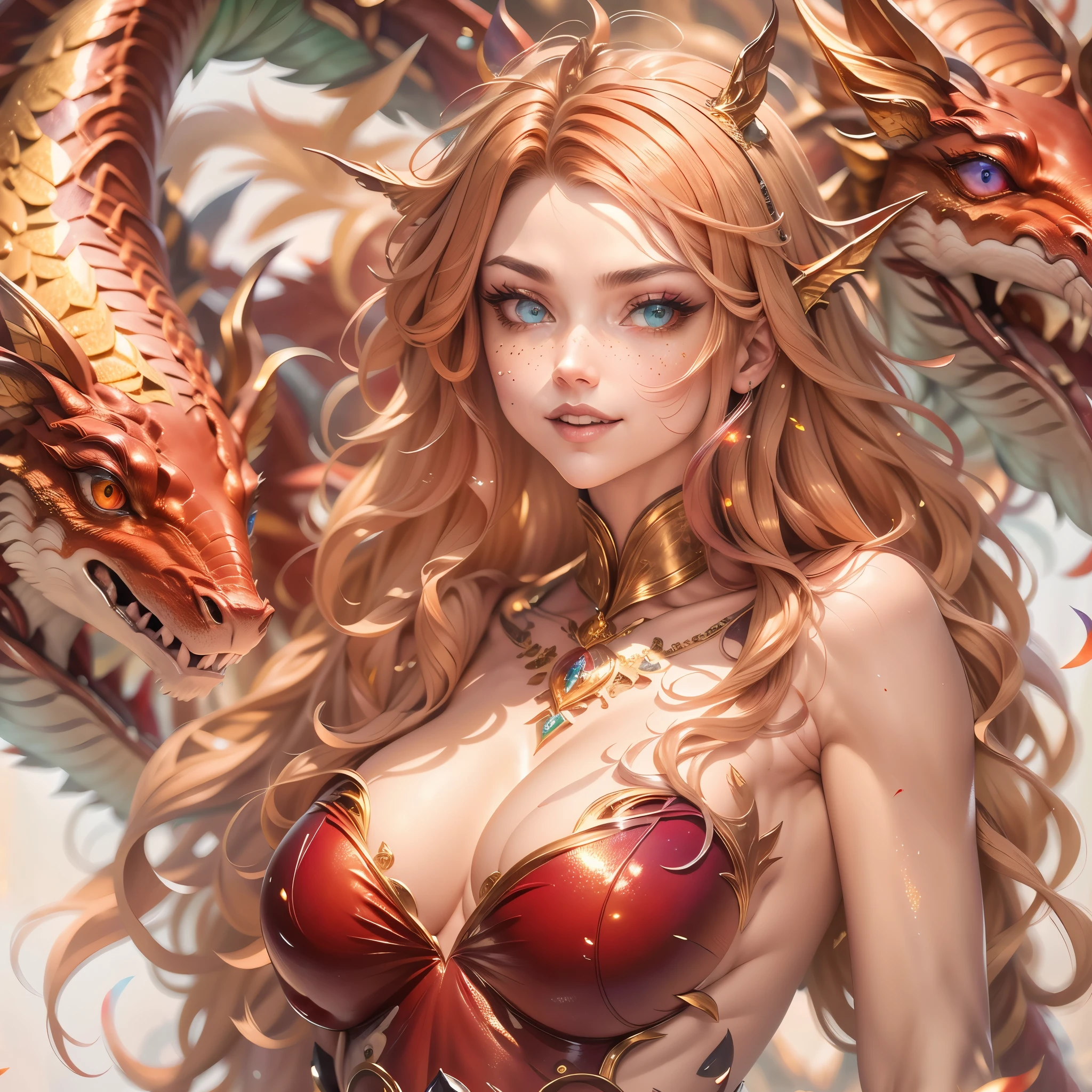 (best quality,4k,8k,highres,masterpiece:1.2, portrait), ultra-detailed, realistic, naked sexy dragon woman with red and gold glittering scales, skin is glittering ruby and golden scales, long wavy blonde hair with red highlights, very playful but mischievous smile, huge tits, gigantic breasts, naked, nude, detailed crotch, detailed vulva, sexy pose, playful, bi-coloured eyes, heterochromia, lustful