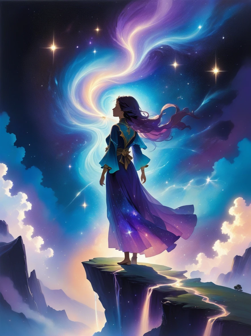A figure stands on a cliff, enveloped in swirling streams of cosmic energy, amidst a dreamy, nebulous landscape. The silhouette of the person is wrapped in a flowing, ethereal gown that merges with the celestial currents. The sky is a tapestry of deep purples and blues, sprinkled with stars, and the landscape below is hinted at with soft, rolling mountains. The scene is one of tranquility and the sublime, capturing the majestic essence of the cosmos with a single, contemplative figure standing in awe.