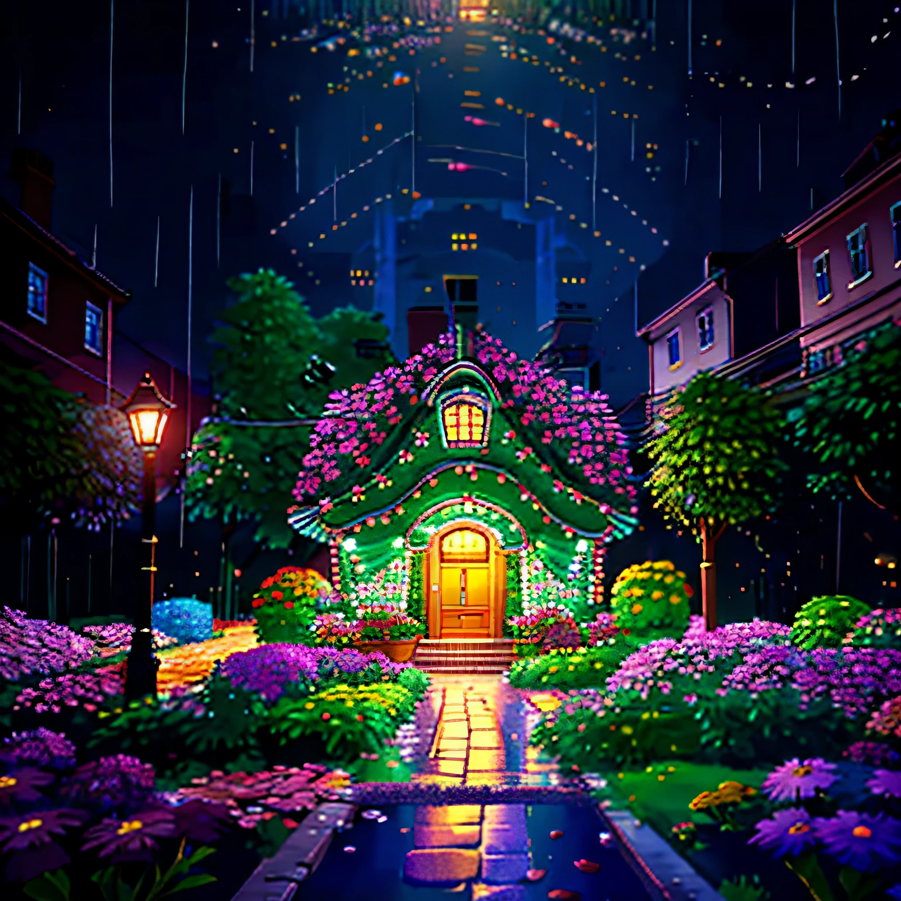 A small house in the city decorated with flowers and lights, Small road, Crowded, night view, it&#39;s raining, realistic, 4k