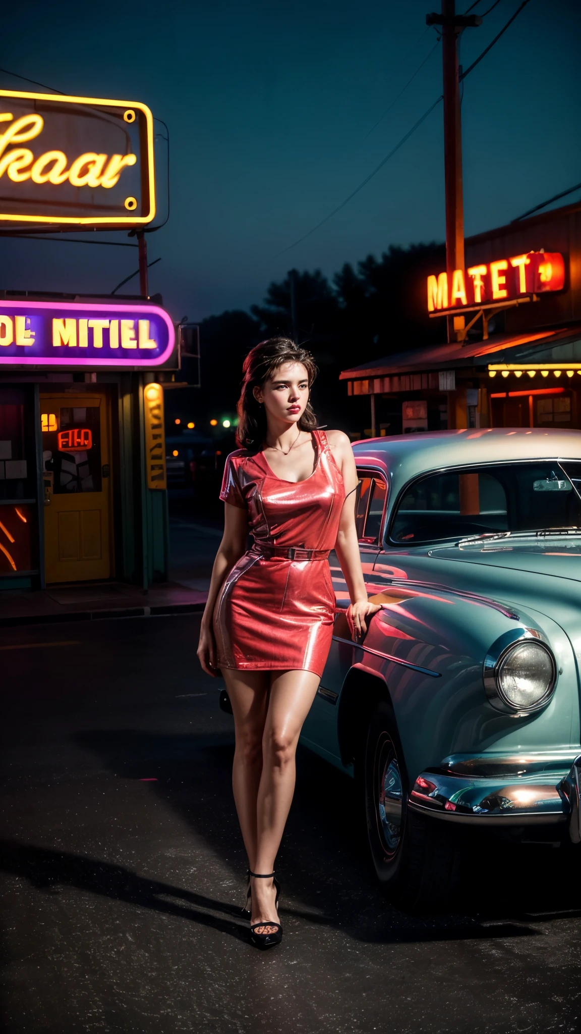 ((masterpiece, highest quality, Highest image quality, High resolution, photorealistic, Raw photo, 8K)), arafed view of a motel with a car parked in front of it, with neon signs, A woman waiting for a guest in front of a motel, seduction, short dress and high heels, route 6 6, neon signs, 1 9 5 0 s americana tourism, some have neon signs, neon lights outside, neon advertisements, gigantic neon signs, neon shops, by Arnie Swekel, few neon signs, neon signs in background,