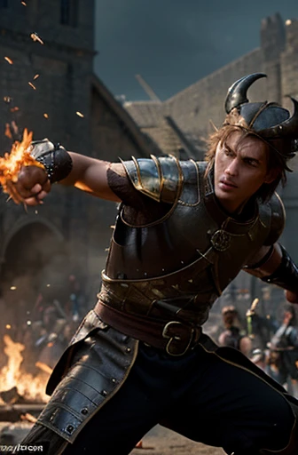 Create an image of a dragon with human-like features engaged in a medieval battle. The focus of the image should be on the character, capturing accuracy in detail. The image should convey a sense of power, ferocity, and determination.
