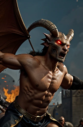 Create an image of a dragon with human-like features engaged in a medieval battle. The focus of the image should be on the character, capturing accuracy in detail. The image should convey a sense of power, ferocity, and determination.