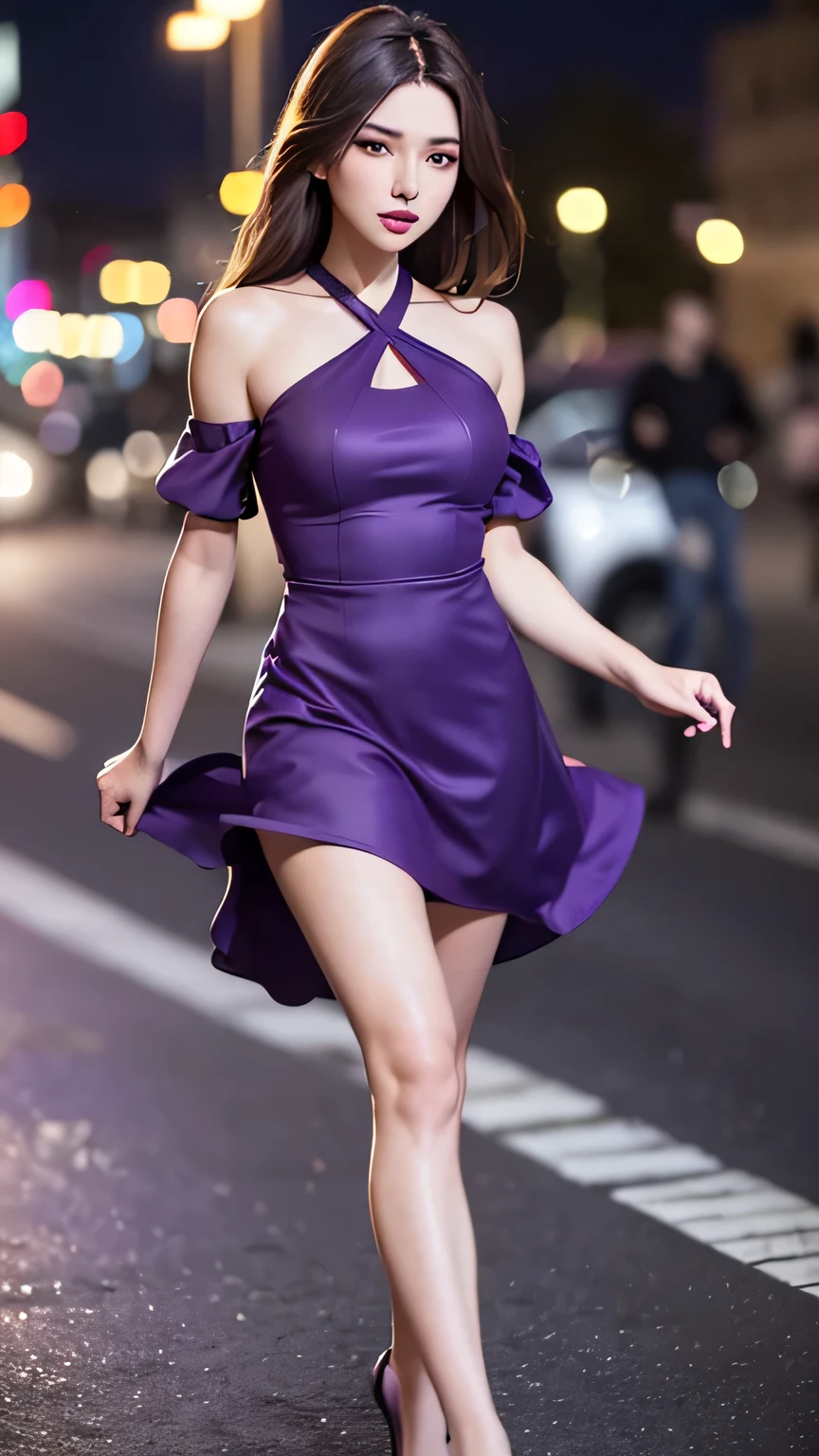 ((Realistic Lighting, Best Quality, 8K, Masterpiece: 1.3)), Focus: 1.2, 1 girl, Perfect Body Beauty, Full Body: 1.4, Slim Abs: 1.1, ((Dark Brown Hair)), (Purple Dress : 1.4), (Outdoor, Night: 1.1), City Street, Super Fine Face, Fine Eyes, Double Eyelids, beautiful feet, heels, feet,