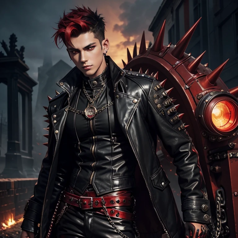 20 year old boy Steampunk jacket with red spikes with black black latex pants with chains Steampunk hair with red spikes looking straight towards the viewer black eye color background of night cemetery slim muscular build