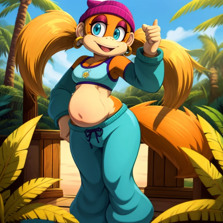 masterpiece, best quality, high resolution, full body, perfect body, perfect face, great detail, depth of field, tinykong, anthropomorphic, blonde hair, twin tails, baggy pants, monkey, crop top, light brown fur, beanie, anthro monkey, solo, 1girl, jungle background, palm trees, curvy hips, cel shaded, cartoon, flirty pose, looking at viewer vore inside belly big.  Tails the fox