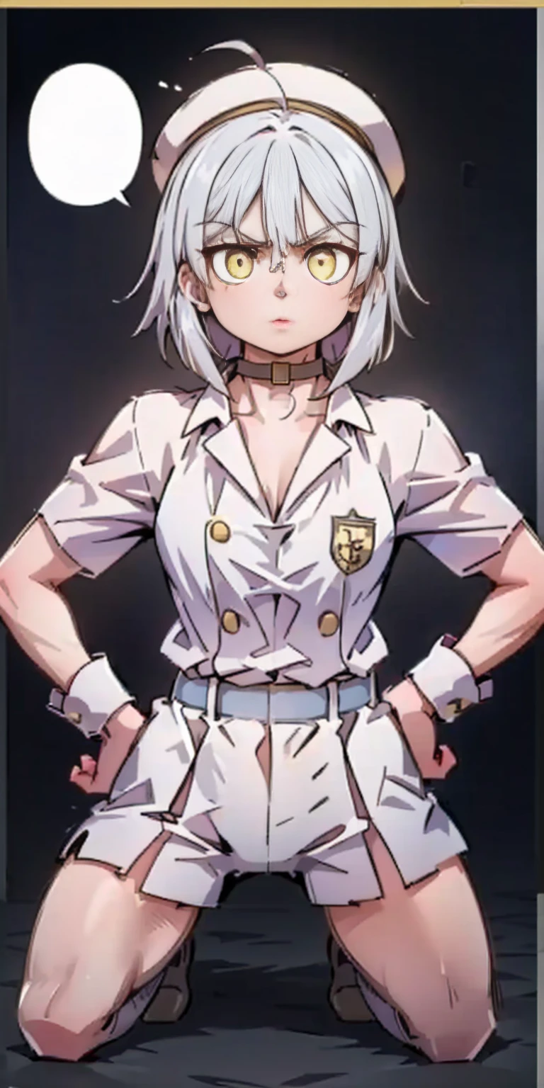 ((black background)) Ciel Lionheart kneel on WHITE sheet, short bob hair WHITE hair, YELLOW EYES, kindergarten_uniform,yellow hat,red school bag, leather choker collar slave , (hands on hips, clenching fist 👊 ✊️)