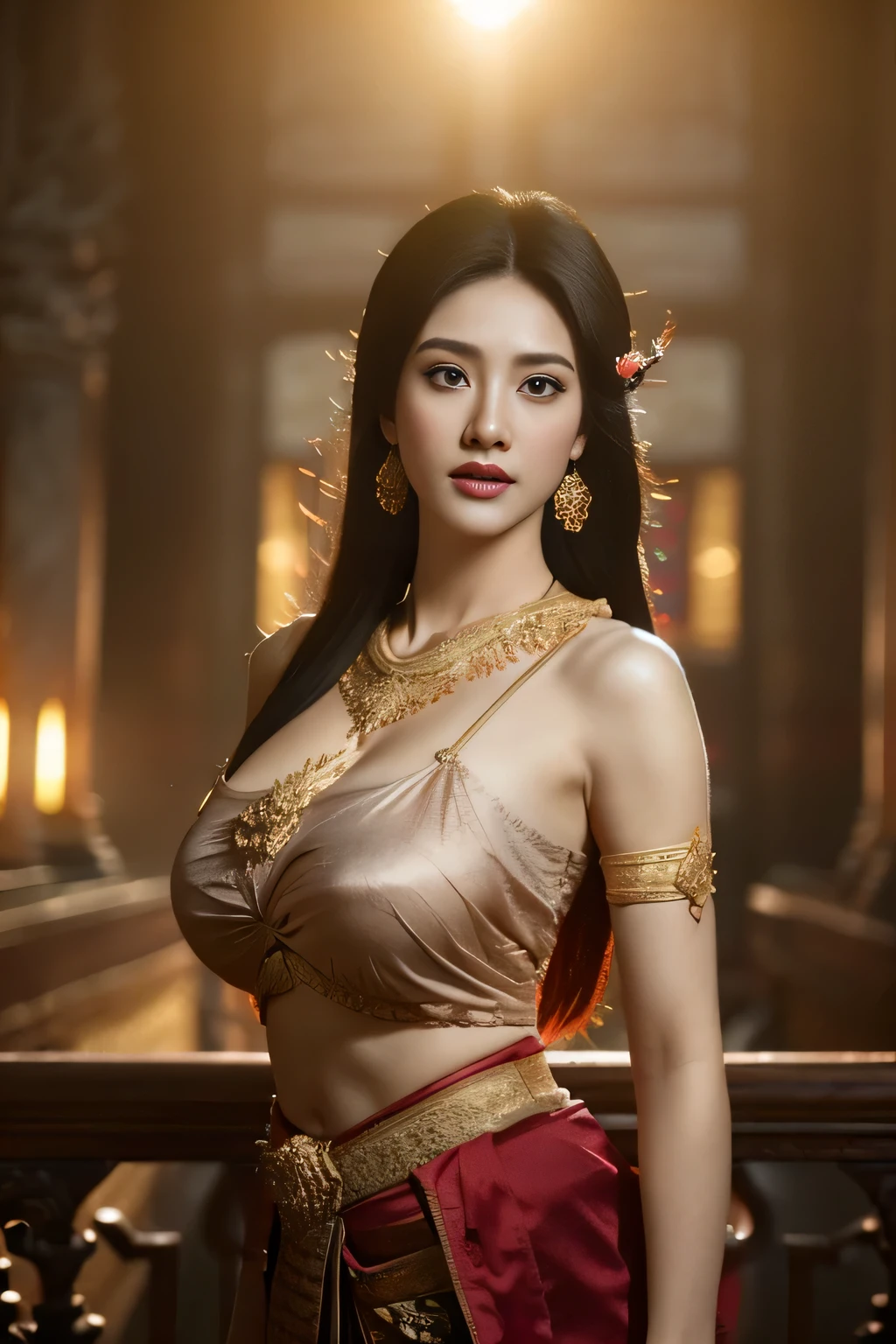 beautiful girl ,Thailand Female Warior, walking at thai temple, dynamic poses, chut thai dress, long hair,black eyes,abdominal muscles, plumpy body, rounded breast, (big breast:1.3), cleavage, Morning sunshine, Eyes on the audience, (sexy poses), ((face details)), Double eyelids, reeds, realistic, masterpiece, highest quality, lens flare, shade, old temple, temple, [[chromatic aberration]], by Jeremy Lipking, by Antonio J. Manzanedo, digital painting, HDR, high contrast
