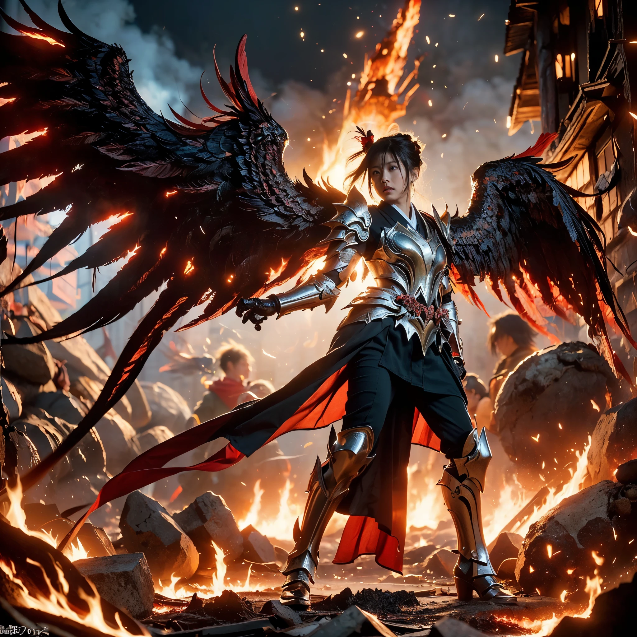 (((Realistic, masterpiece, best quality, crisp detail, high definition, high detail, very rich detail, sharp focus, sharp detail, colorful, rich color, perfect studio lightning))), ((20 years old, japanese goddess of hell, kasumi arimura)),(((in the middle of war, epic war scene))), wearing (((beautiful decorated golden heavy armor, phoenix armor, phoenix tails, decorated full body armor, fully armored beautiful kimono, wide colorful phoenix wings, blue aura))), (flying, floating, air attack stance, burning hands, holding fantasy weapon, blood scattered face, blood tears, blood bath, blood shed), (((fire everywhere, blood everywhere, death everywhere, japan bakumatsu period, dead bodies,carcass,burned japanese castle,hellish,chaos, hell fire, infernal molten lava land, erupting volcano)) burned traditional village background), shot from below