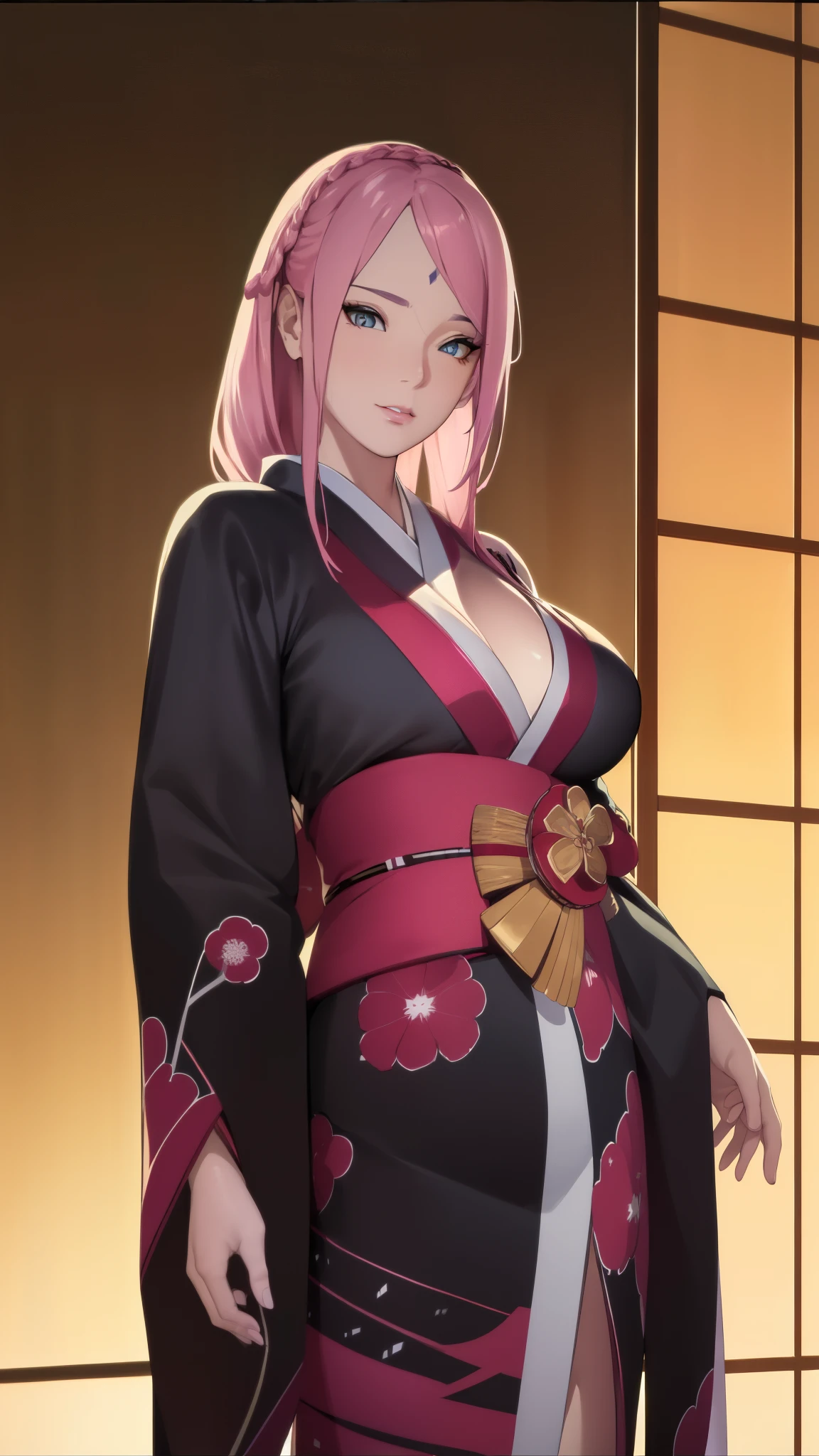 (Night:1.7), Japan, Tokyo, CityView, Before Window,
Standing at attention,
(black_kimono:1.3),cleavage,
Pink_hair, long_hair, hair_pulled_back,parted_lips,purple_eyes, braid,
1 girl, 24yo,mature female,Beautiful Finger,Beautiful long legs,Beautiful body,Beautiful Nose,Beautiful character design, perfect eyes, perfect face,
looking at viewer, in the center of the image,
NSFW,official art,extremely detailed CG unity 8k wallpaper, perfect lighting,Colorful, Bright_Front_face_Lighting,
(masterpiece:1.0),(best_quality:1.0), ultra high res,4K,ultra-detailed,
photography, 8K, HDR, highres, absurdres:1.2, Kodak portra 400, film grain, blurry background, bokeh:1.2, lens flare, (vibrant_color:1.2)
(Beautiful,large_Breasts:1.4), (beautiful_face:1.5),(narrow_waist), wearing bikini