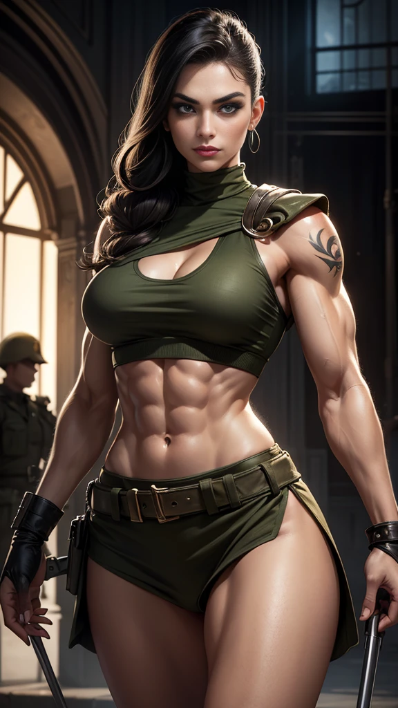 A gorgeous and stunning female soldier fighting on the battlefield, smirking sadistically, challenging demeanor, smug, teasing, tall, statuesque, imposing, towering, biceps, triceps, eight pack abs, extremely defined abs, tank top, wide shoulders, narrow hips, narrow waist, huge breasts, slim, slender, toned, long eyelashes, make up, perfect eyes, eyeliner, perfect lips, long fingers, delicate fingers, long nails, supermodel, tattoo on shoulder, (military uniform),