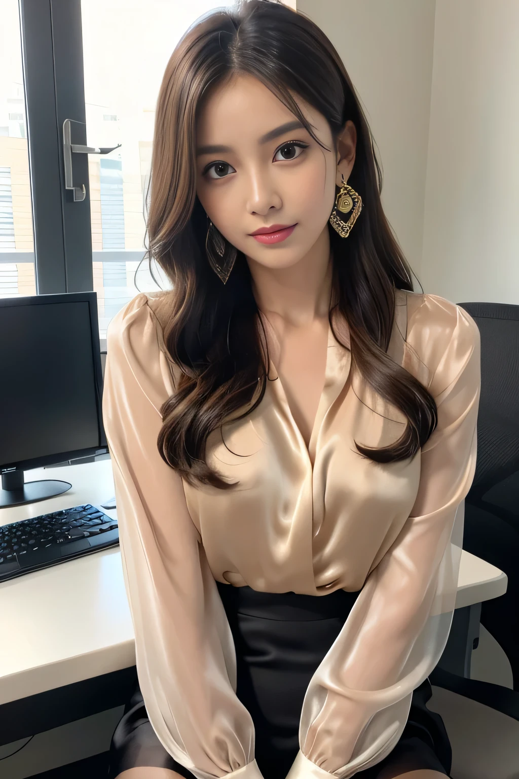 Ulchan-6500-v1.1, (Raw photo:1.2), (Photoreal), (See-through:1.3), (genuine:1.4), 1with a girl、25 years old、game_nffsw, big eyes(eye), smile of shame、brown semi-long hair、curly hair、pretty girl、(Elegant silk blouse:1.3), (super realistic pantyhose:1.2), (mini skirt:1.2), sitting in the office and working at the desk、realistic skin texture、shiny skin、big earrings、thin lips