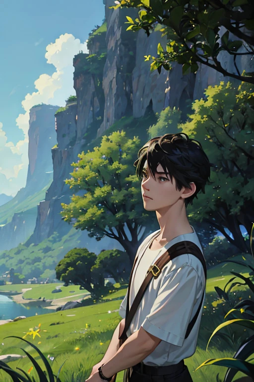 (3D:0.5,realistic:0.5,photorealistic:0.5),(absurdres,Super-resolution,masterpiece,best quality,finely detailed,absurdres:1.2), dramatic light, dramatic illumination, cinematic, anime scenery, makoto shinkai, ghibli, fantasy world, magical, (((1boy))), young male, short hair, asian male, nature, plants, leaves, green