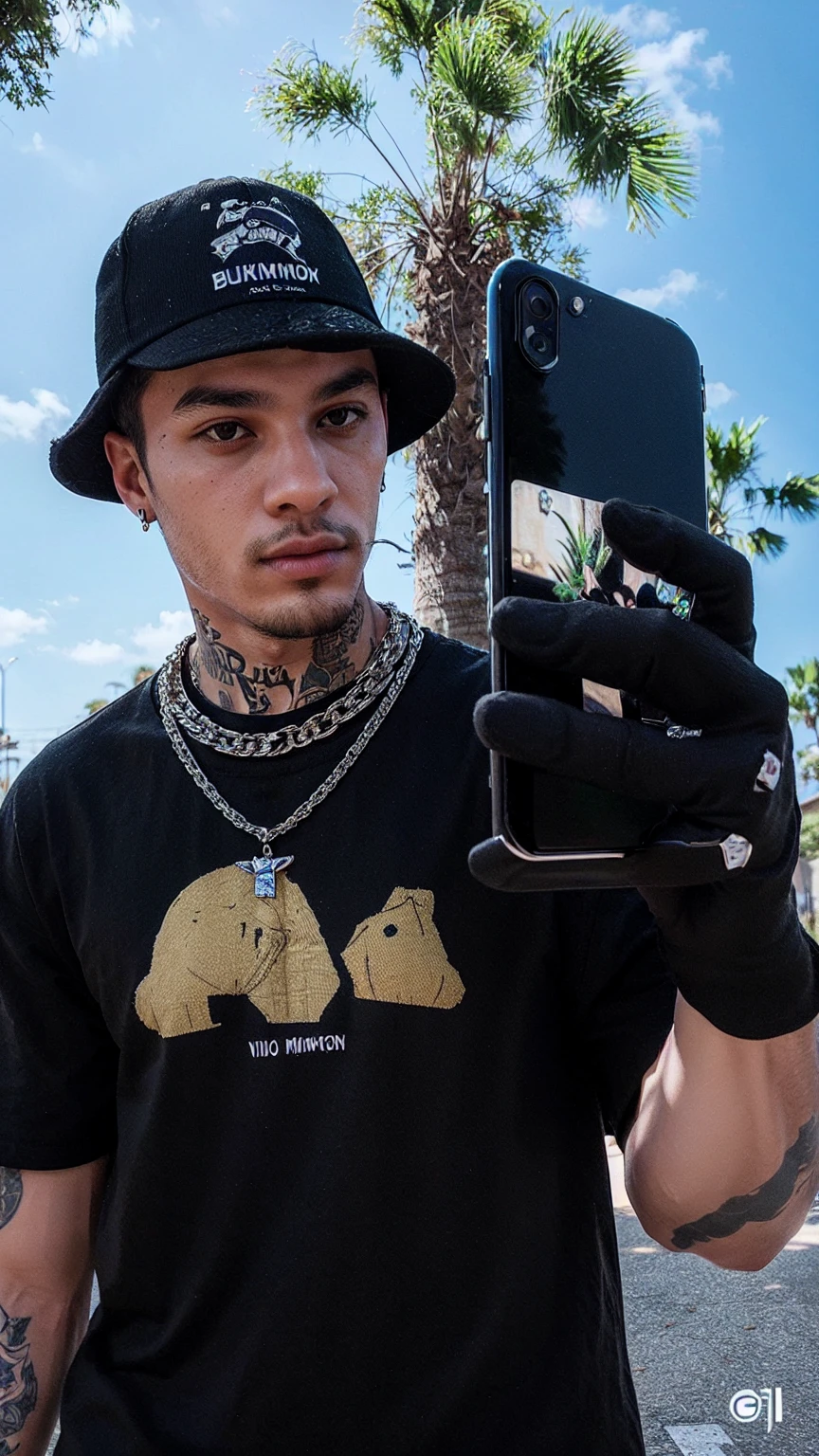 sharp man in black shirt and black hat holding a cell phone, Vida de bandido, como um personagem do GTAV, highly aesthetic, ursinho fresco, no estilo de Tyler Mitchell, inspirado em Zhu Da, 2k aesthetic, ovelha, joias de rapper, Imagem realista, photo no estilo de Tyler Mitchell, personagem gta, rapper jewelry, realism art style