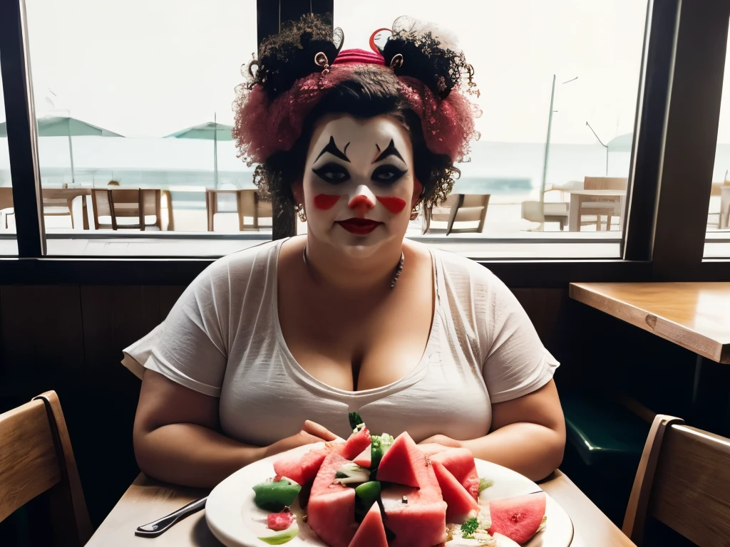 fat woman, messy hair, clown makeup, sitting at a restaurant table, in front of a plate of watermelon