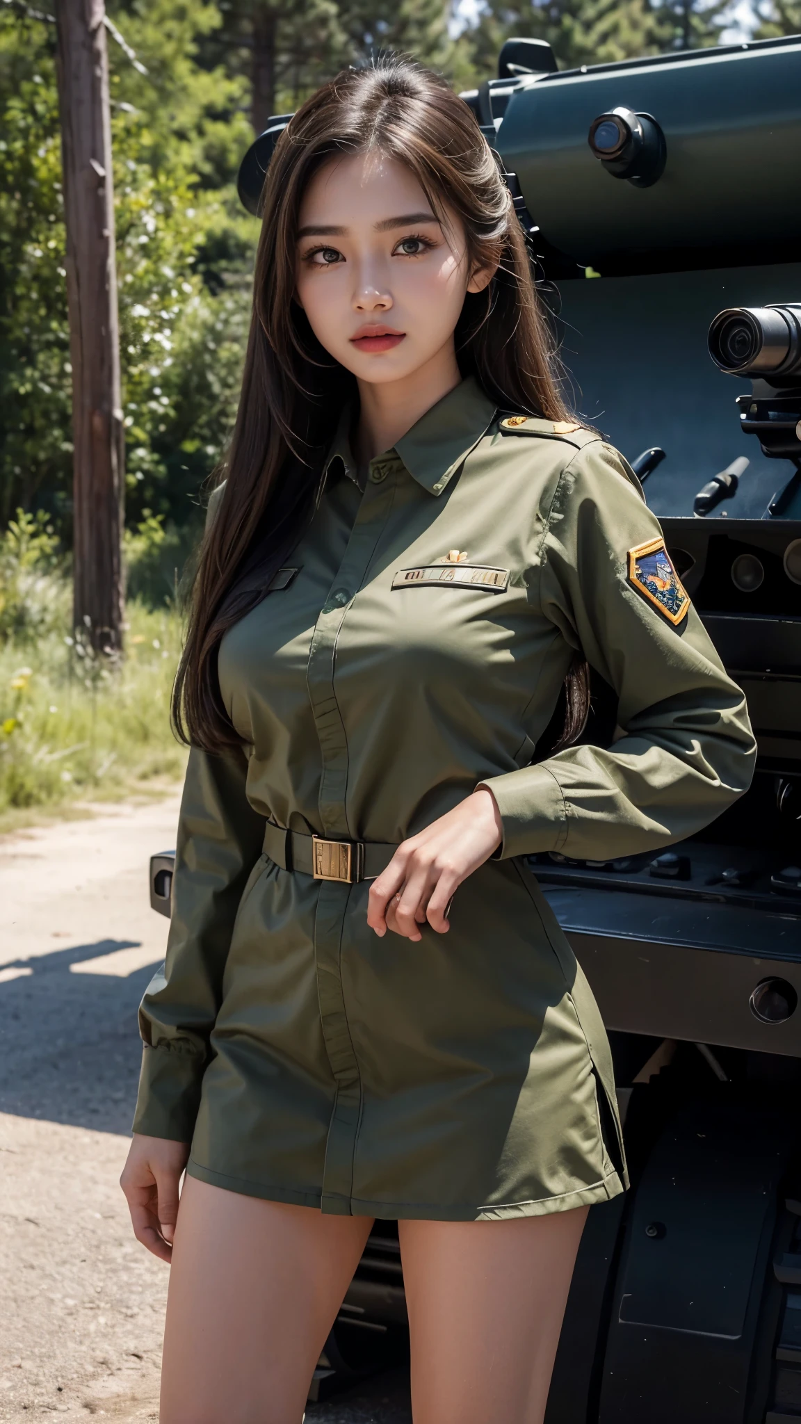 8k, highest quality, ultra detailed:1.37), Eliana, ((18 years)), a beautiful Asian girl, ((proudly stands in a military uniform)), representing her role as a soldier. She wears a fitted olive green dress. The high-resolution image captures ultra-detailed realism, highlighting Eliana's determined expression, piercing eyes, and confident stance. The backdrop showcases an forest, adding to the authenticity and significance of the image. This visually striking representation showcases Eliana's strength and dedication as a soldier, cute knees, Lake, Pine trees, Beautiful Smile 1:2, ((Detailed face)), ((Perfect body figure)), ((Detailed hair)), ((Detailed Dress)), Tanker, Army vehicle, ((S-500 missile launcher)), Missile fired from Launcher, 64k, Armour vehicles, 