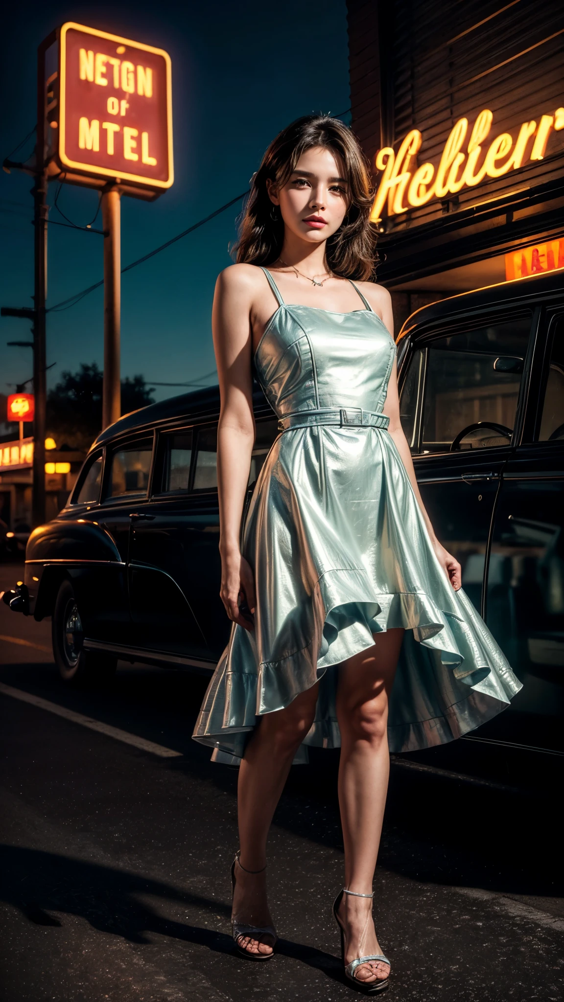 ((masterpiece, highest quality, Highest image quality, High resolution, photorealistic, Raw photo, 8K)), arafed view of a motel with a car parked in front of it, with neon signs, A woman waiting for a guest in front of a motel, seduction, short dress and high heels, route 6 6, neon signs, 1 9 5 0 s americana tourism, some have neon signs, neon lights outside, neon advertisements, gigantic neon signs, neon shops, by Arnie Swekel, few neon signs, neon signs in background, (Just 1 meter away from Picture Taken), 64k, (upper body shot), Ray Tracing CG Unity 8k walpaper, (Detailed Dress), (Detailed body), (detailed skin), 