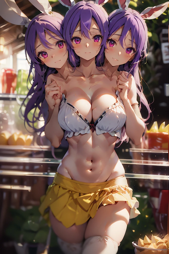 (masterpiece, best quality), best quality, (ultra-detailed), (3heads:1.5), 1girl, (reisen udongein inaba :1.3), masterpiece, best quality, ultra quality, ultra resolution, ultra detail, white top, crop top, ((stomach)), midriff, ((groin)), purple skirt, normal ears, shackles, purple hair, very long hair, wavy hair, sidelocks, red eyes, parted lips, very detailed eyes sweat, cute, toned belly, hand on own chest, eyelashes, (25 year old woman:1.3), (masterpiece:1.5), (best quality:1.5), (beautiful detailed), extremely detailed CG, extremely delicate and beautiful, depth of field, (finely detailed face), (perfect details:1.3), (mature female:1.3), wide pelvis, slender, large veiny breast, 16k resolution, highres, very high quality, high definition, extremely detailed, masterpiece, purple hair, long hair, alluring presence, braid, short skirt, close up, big , young, bunny ears,