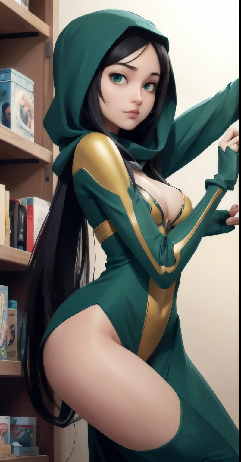 rawphoto,realistic,spider girl、spider woman、18 year old beautiful girl、Arabian style woman in green spider suit posing on a shelf, extremely detailed art germ, IG model | art germ, range murata and art germ, League of Legends Irelia, style art germ, art germ style, in style of art germ, art germ jsc, portrait anime space cadet girl