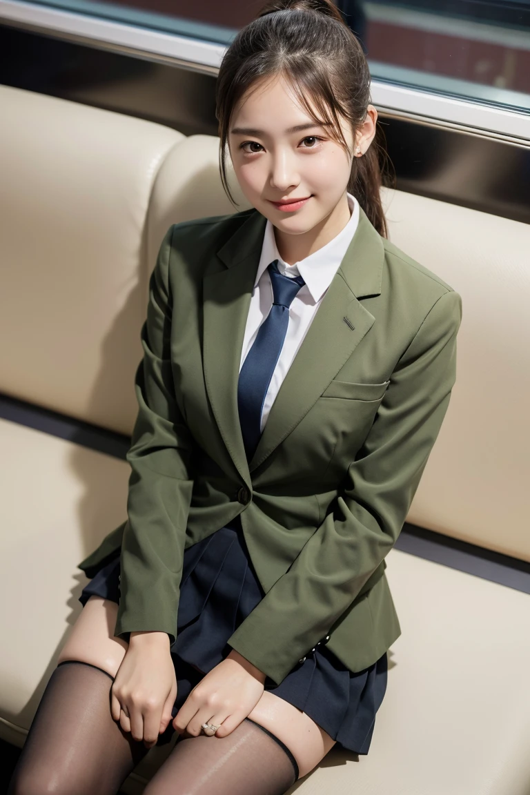 (8K), (highest quality: 1.2), (realistic), (realistic: 1.37), ultra high resolution, 1 girl, cute, smile, closed mouth, beautiful details, beautiful nose, wet hair, giant dulcefo, pork, thighs，Self snap,University Student Uniform,simple blazer,pleated skirt,opaque knee high tights,Sitting on a Tokyo train,cross your legs, From above,thighs,ponytail